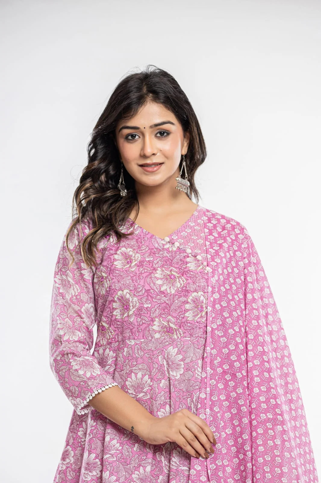 Latest Printed Pure Cotton Umbrella Cut Kurti Pant Dupatta Set