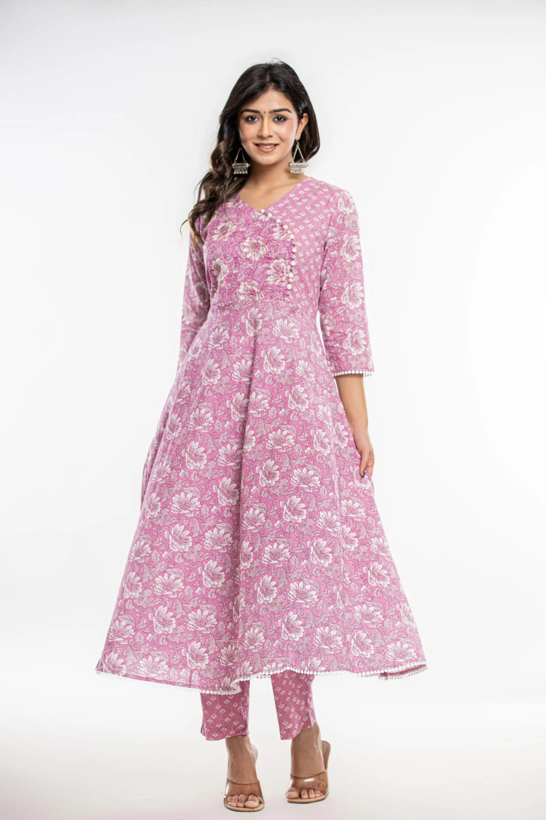 Latest Printed Pure Cotton Umbrella Cut Kurti Pant Dupatta Set