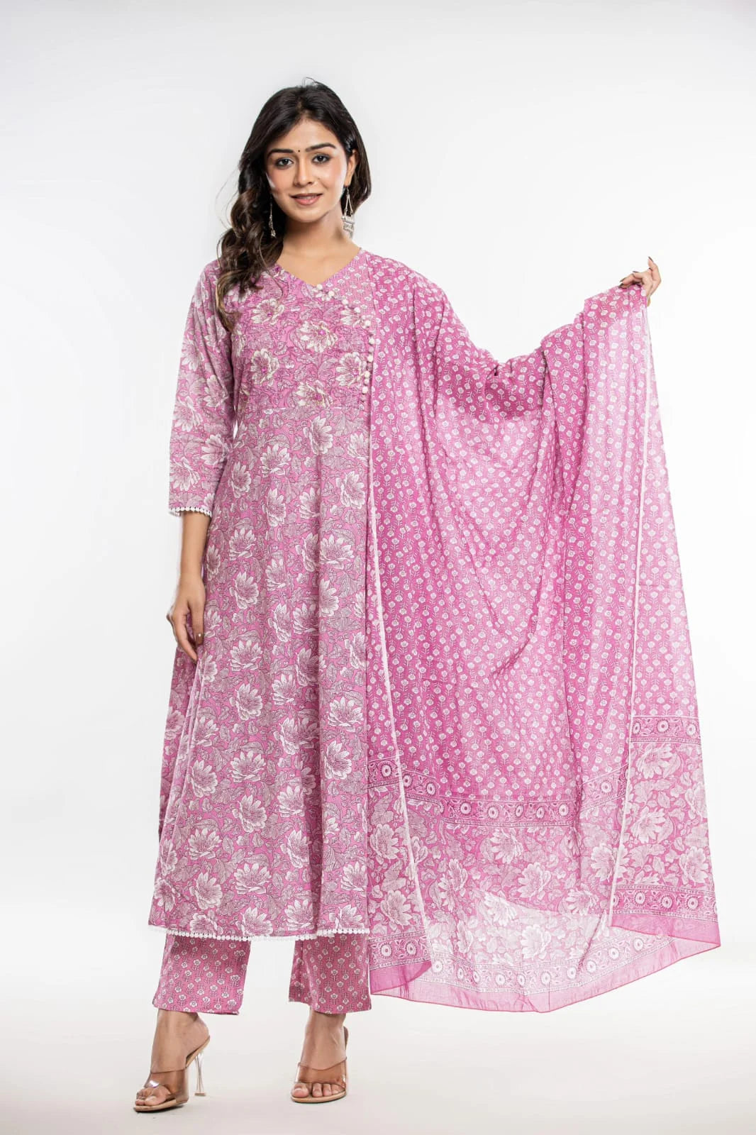 Latest Printed Pure Cotton Umbrella Cut Kurti Pant Dupatta Set
