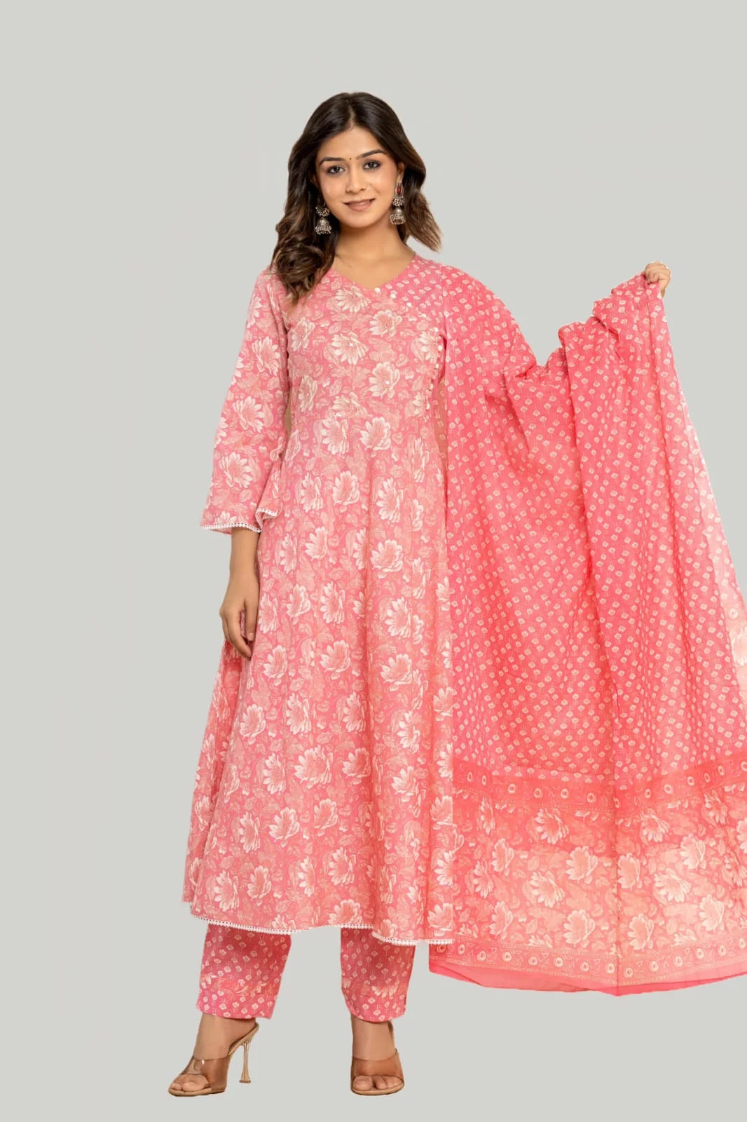 Latest Printed Pure Cotton Umbrella Cut Kurti Pant Dupatta Set