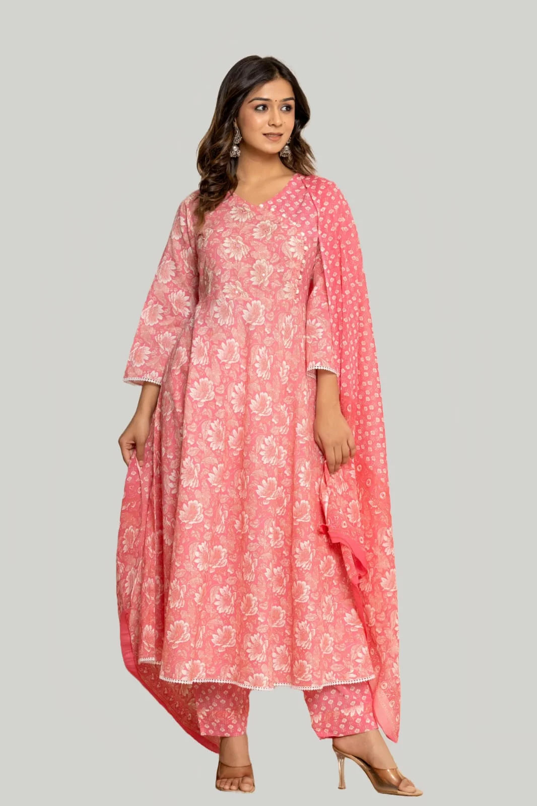 Latest Printed Pure Cotton Umbrella Cut Kurti Pant Dupatta Set