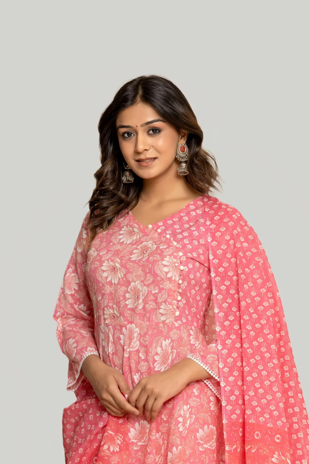 Latest Printed Pure Cotton Umbrella Cut Kurti Pant Dupatta Set