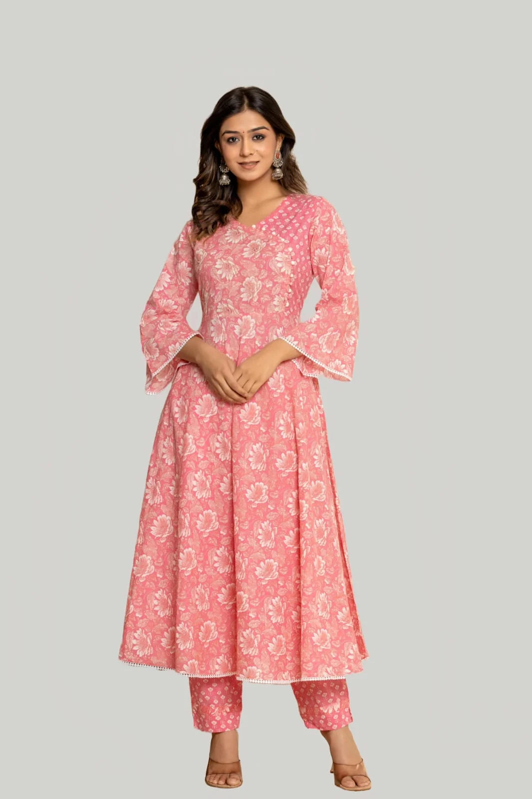 Latest Printed Pure Cotton Umbrella Cut Kurti Pant Dupatta Set