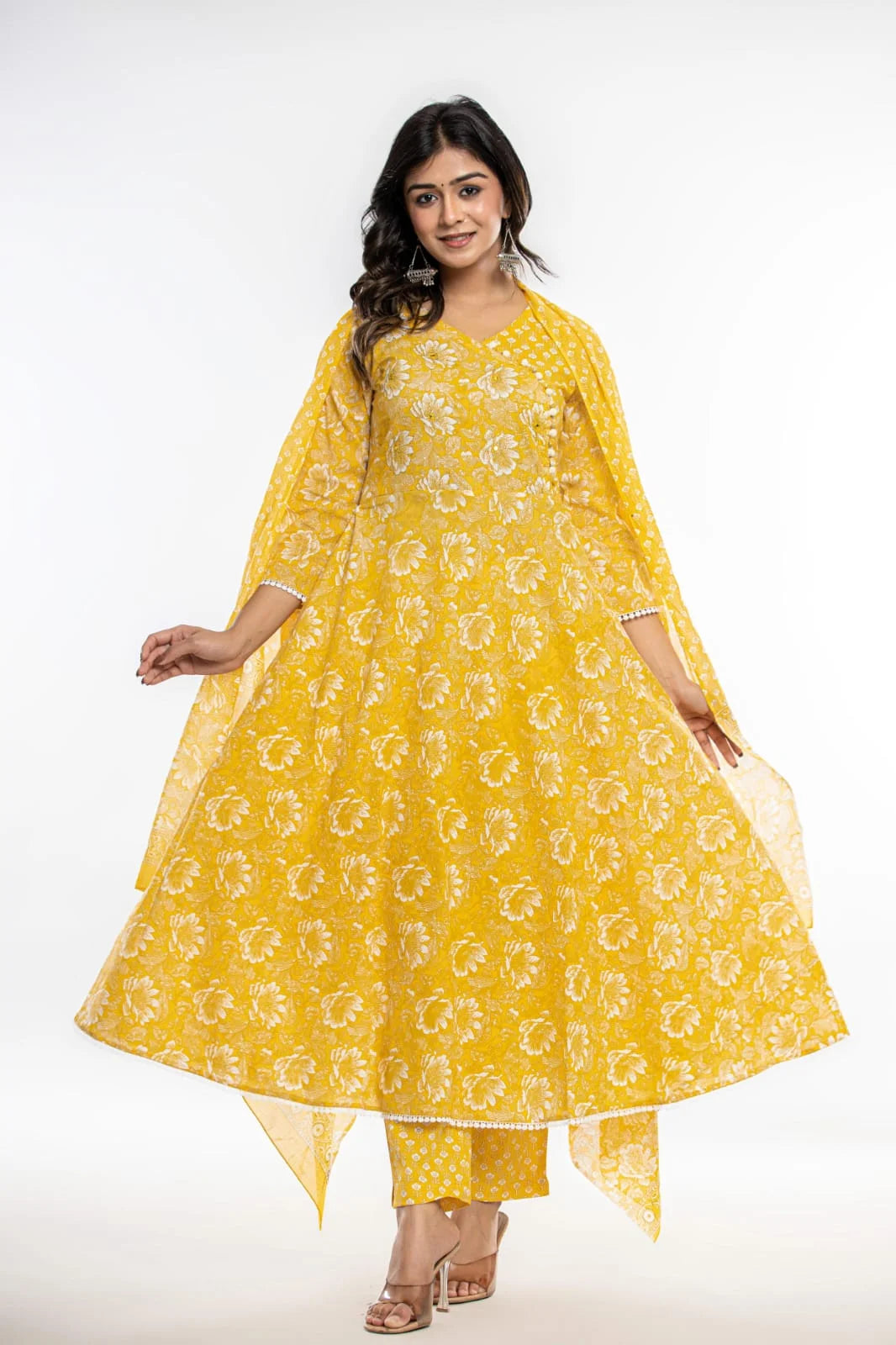 Latest Printed Pure Cotton Umbrella Cut Kurti Pant Dupatta Set