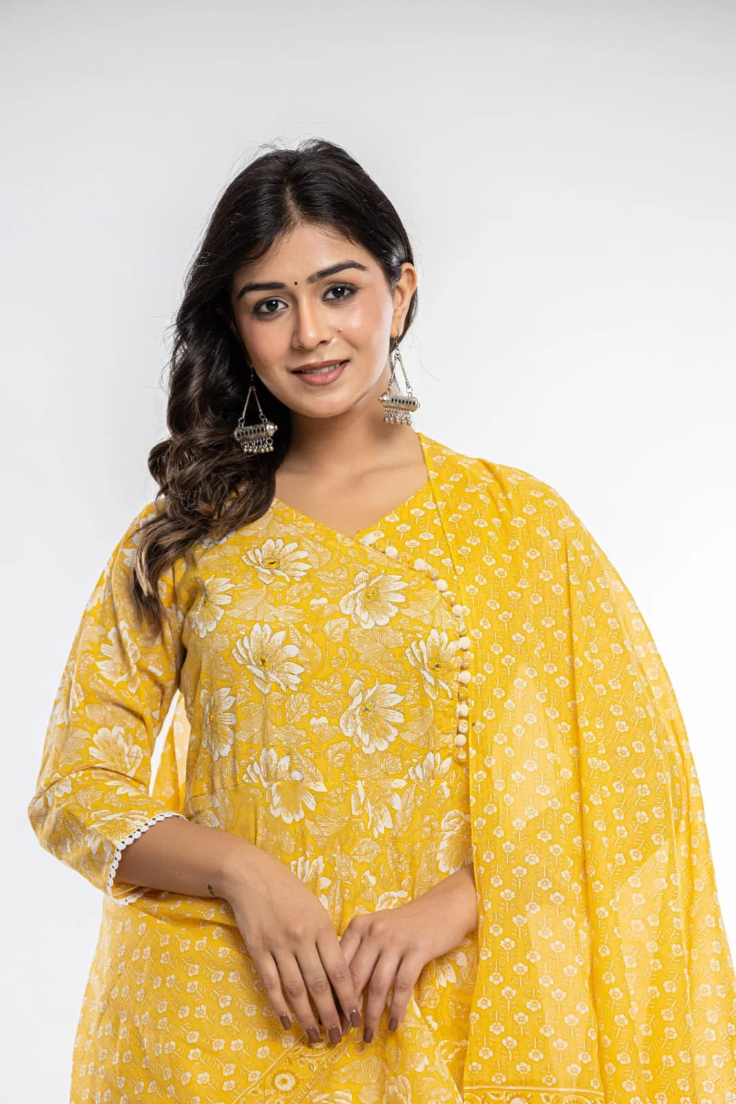 Latest Printed Pure Cotton Umbrella Cut Kurti Pant Dupatta Set