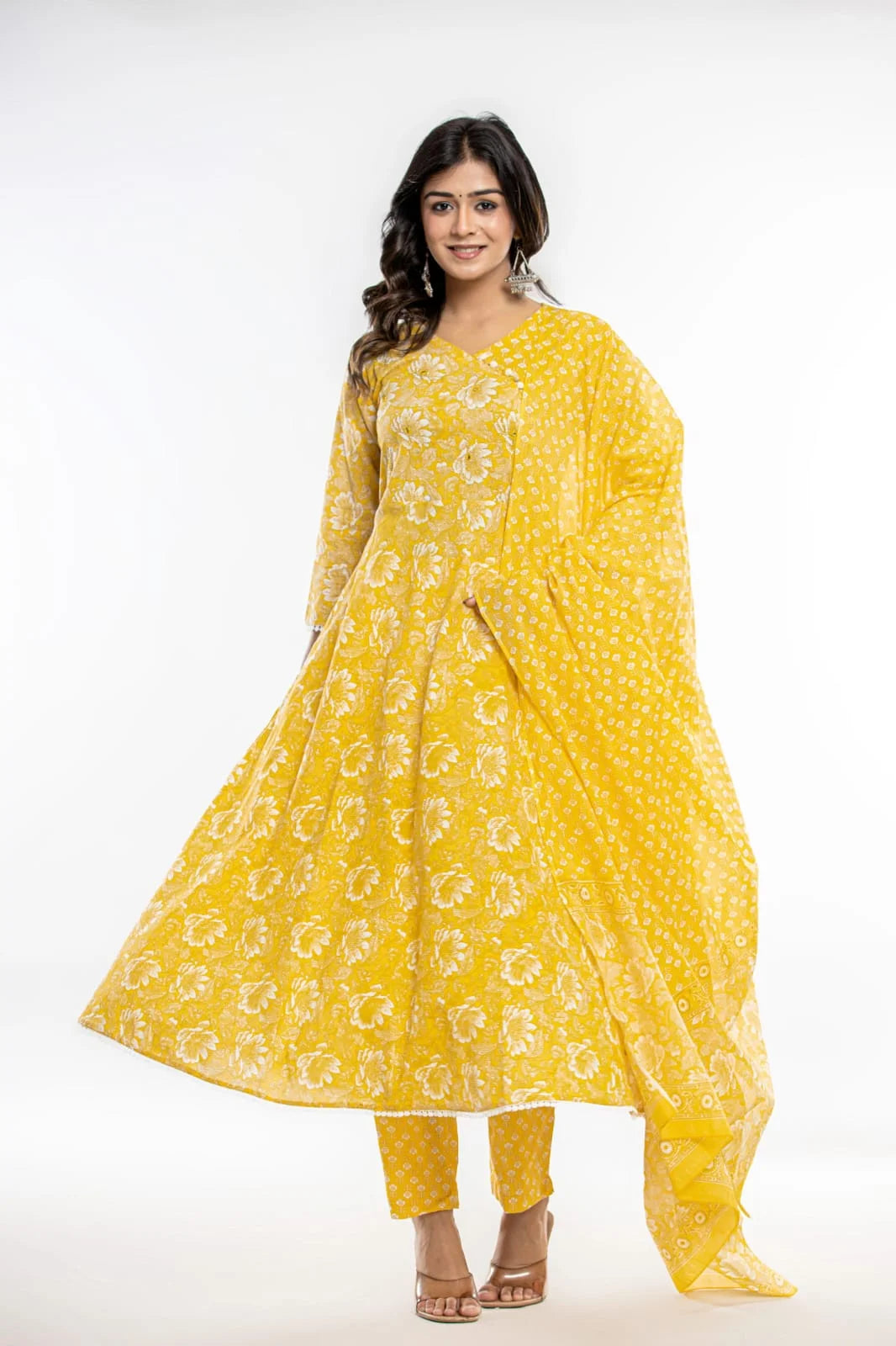 Latest Printed Pure Cotton Umbrella Cut Kurti Pant Dupatta Set