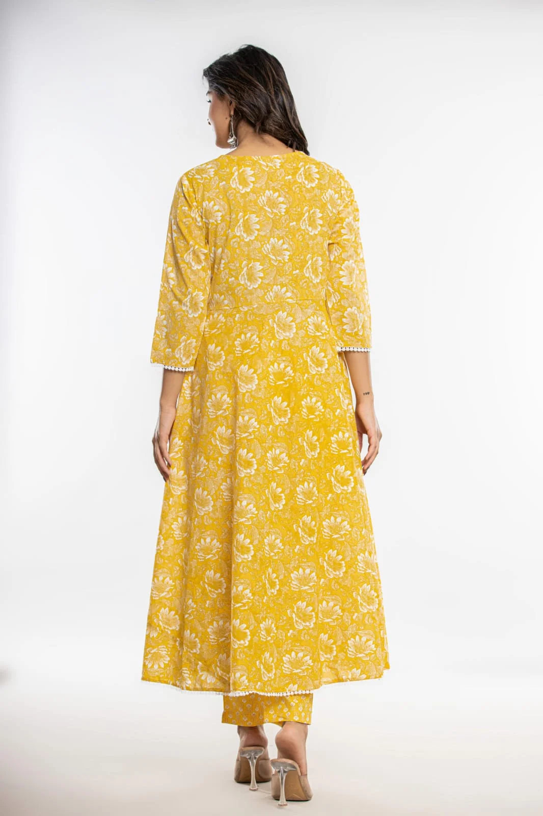 Latest Printed Pure Cotton Umbrella Cut Kurti Pant Dupatta Set