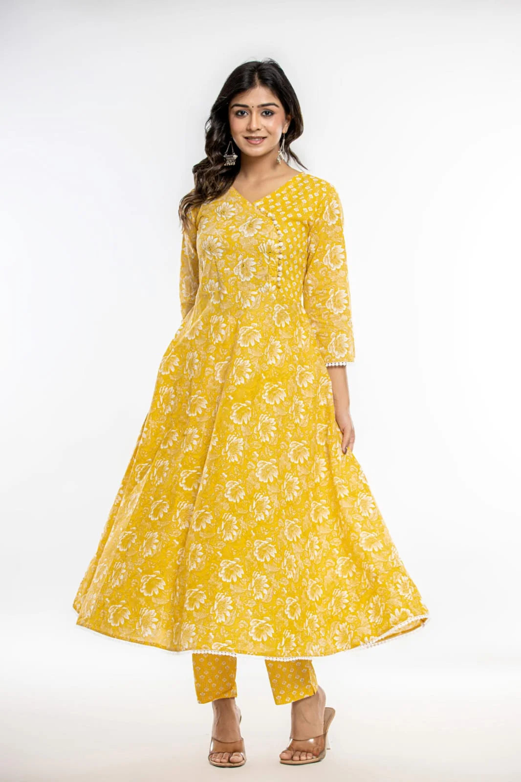 Latest Printed Pure Cotton Umbrella Cut Kurti Pant Dupatta Set