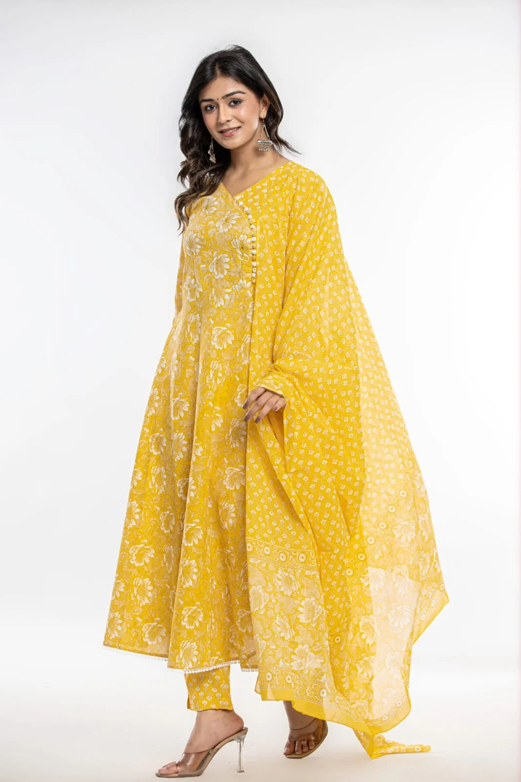 Latest Printed Pure Cotton Umbrella Cut Kurti Pant Dupatta Set