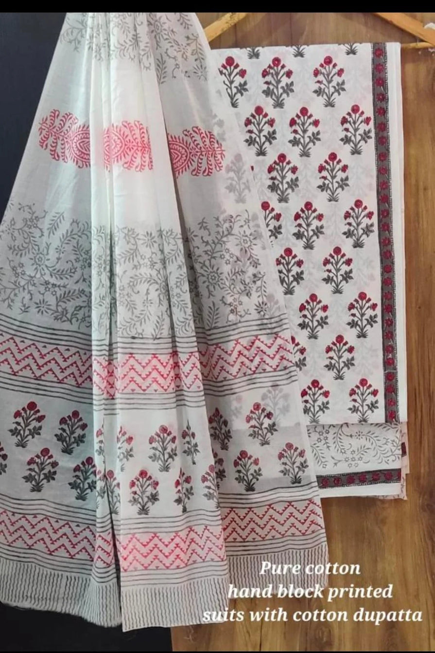 Handblock Printed Unstitched Cotton Salwar Suit With Mulmul Dupatta