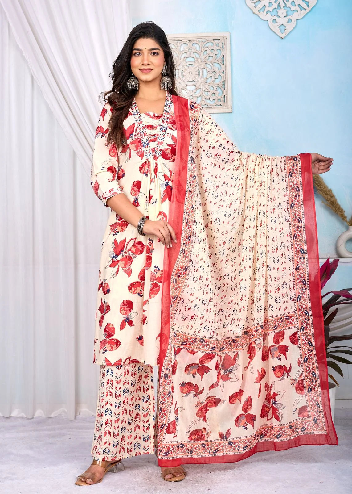 Latest Printed Pure Cotton Straight Kurti Pant Dupatta Set