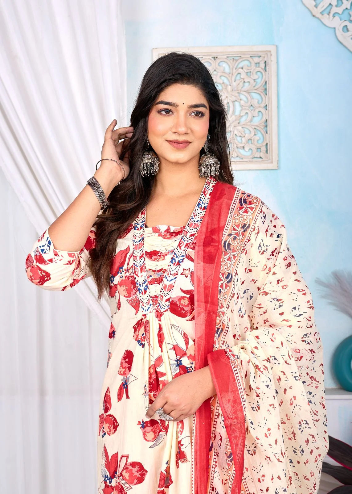 Latest Printed Pure Cotton Straight Kurti Pant Dupatta Set