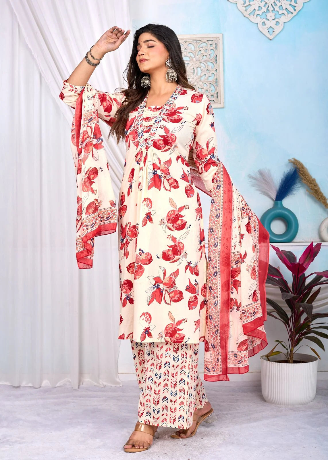 Latest Printed Pure Cotton Straight Kurti Pant Dupatta Set