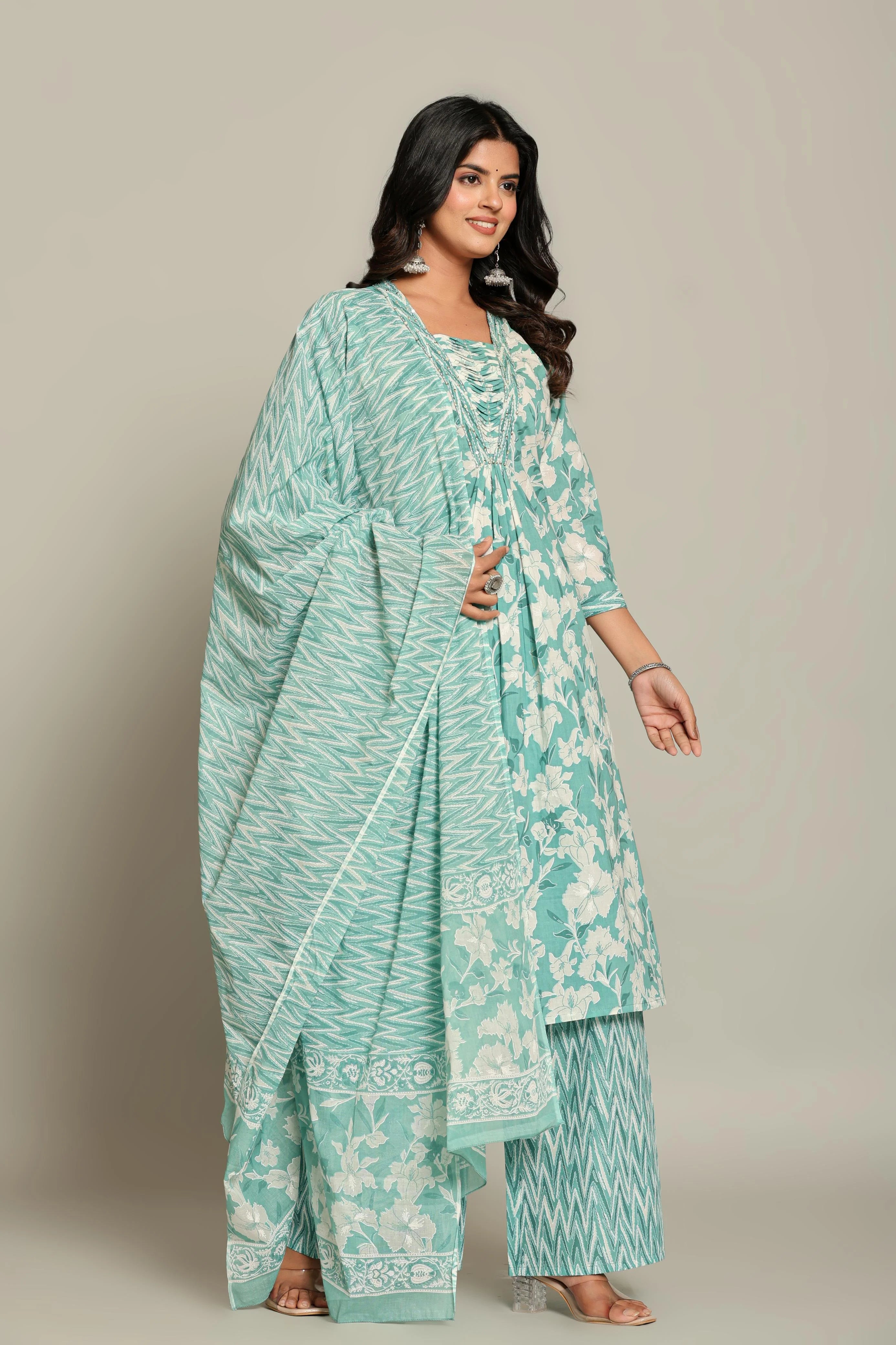Latest Printed Pure Cotton Straight Kurti Pant Dupatta Set