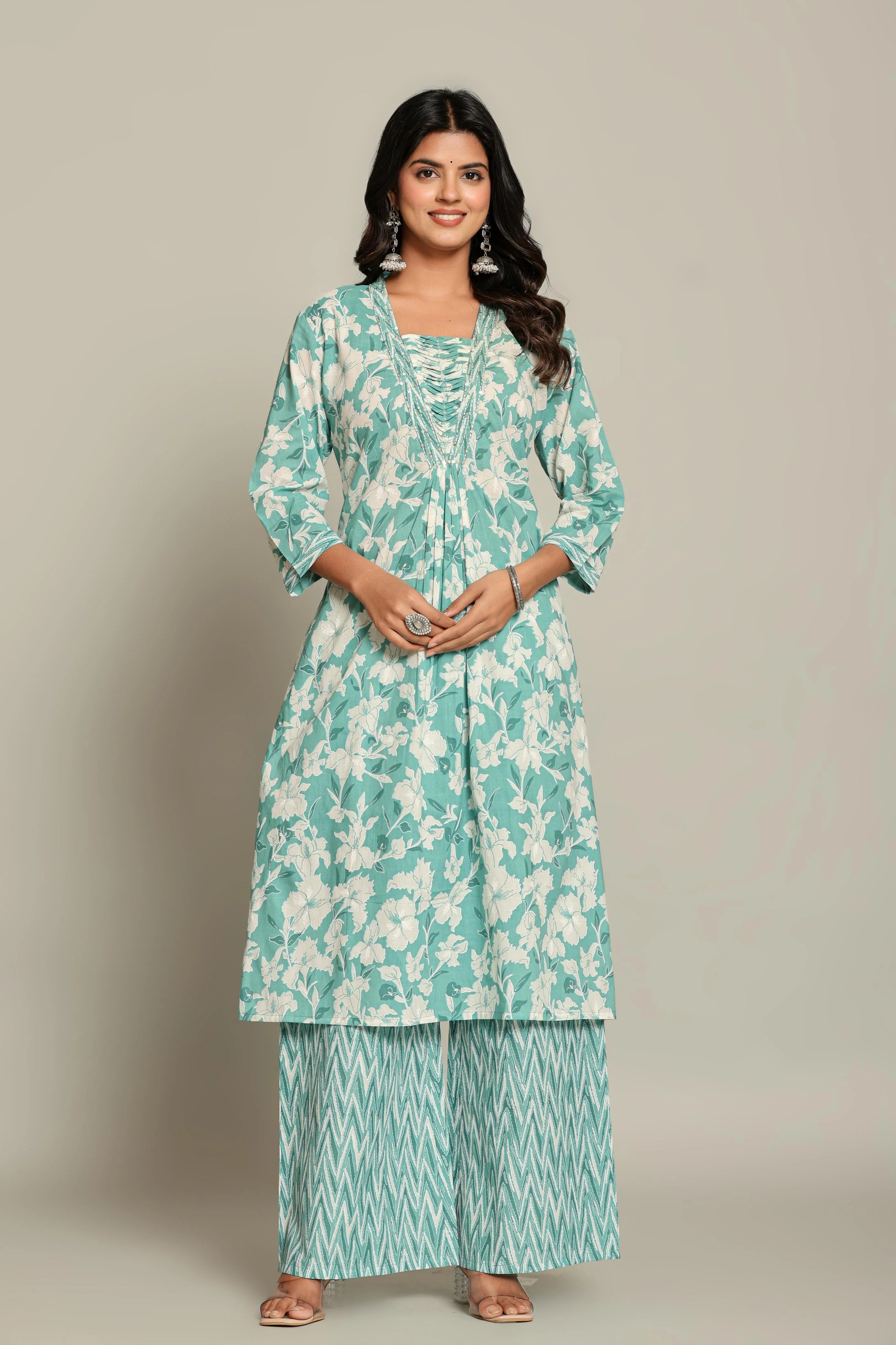 Latest Printed Pure Cotton Straight Kurti Pant Dupatta Set