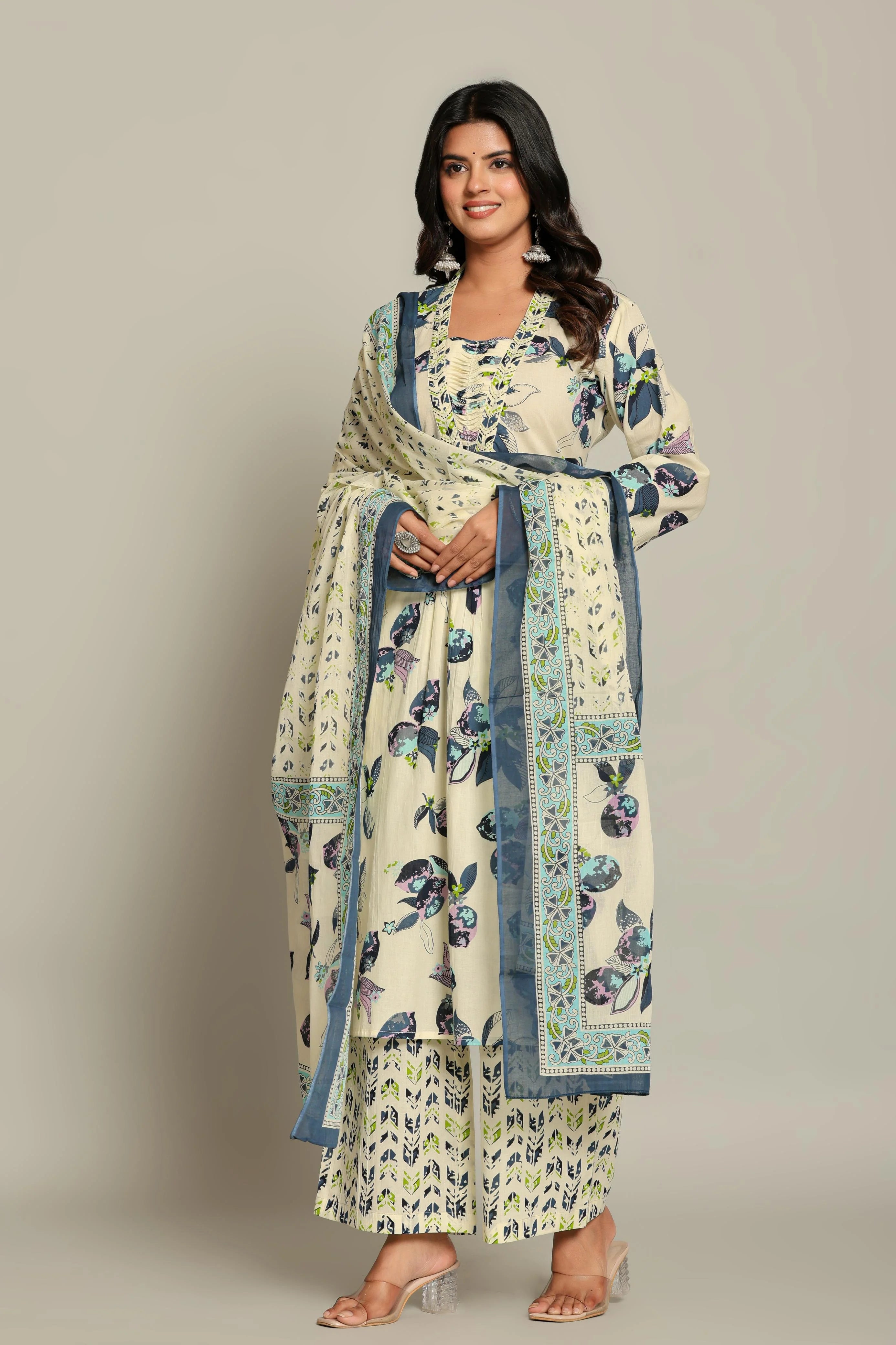 Latest Printed Pure Cotton Straight Kurti Pant Dupatta Set