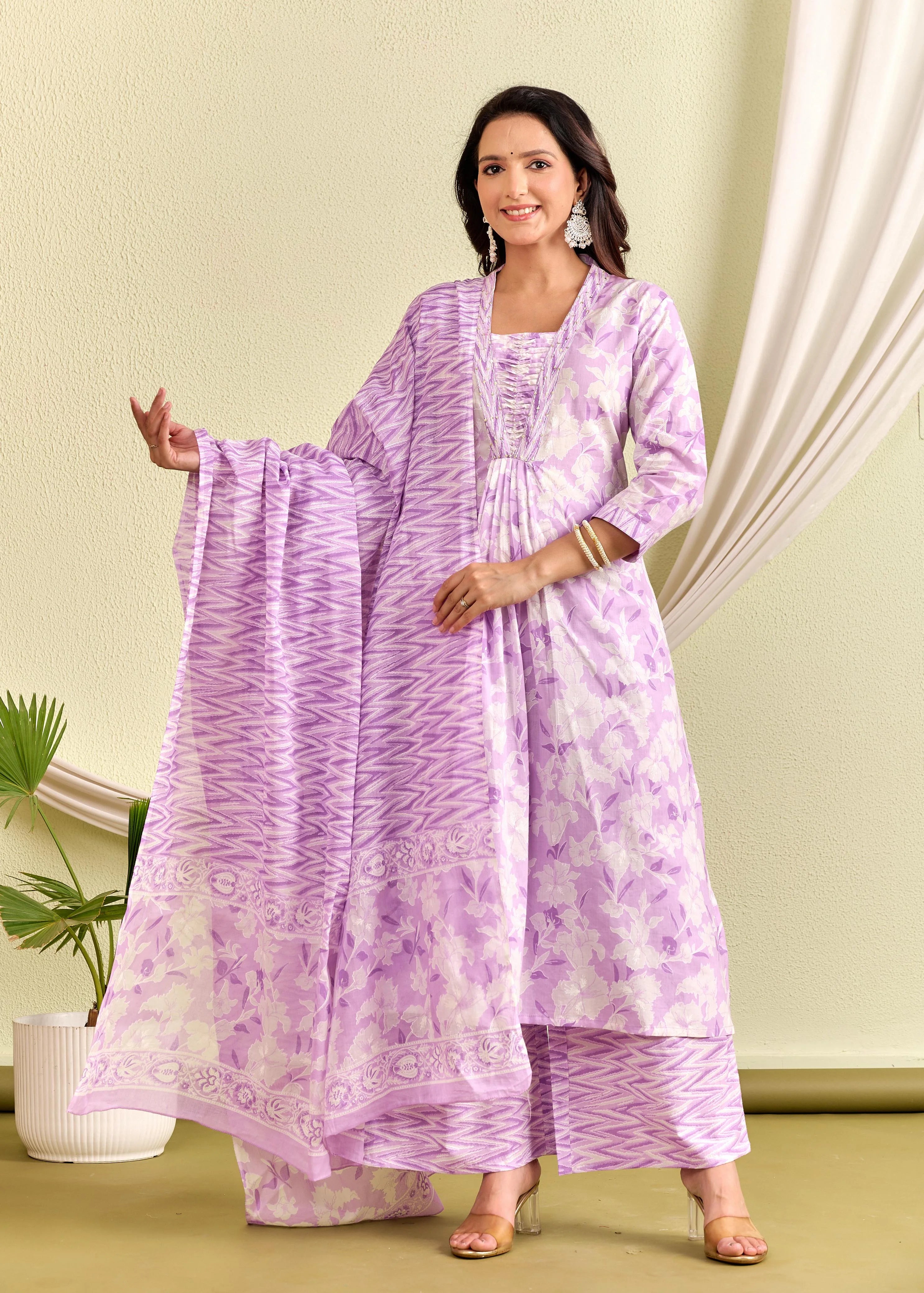 Latest Printed Pure Cotton Straight Kurti Pant Dupatta Set