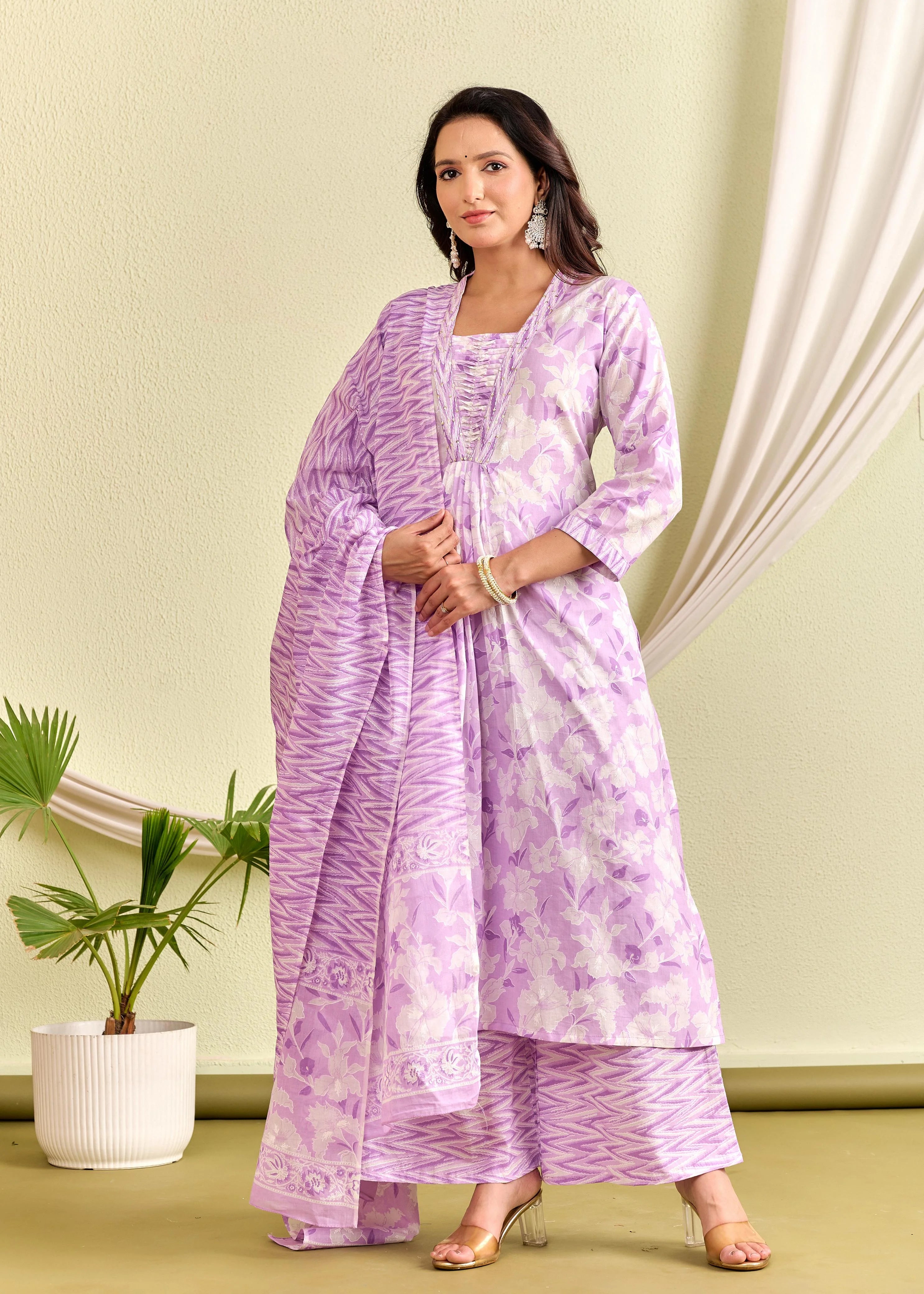 Latest Printed Pure Cotton Straight Kurti Pant Dupatta Set