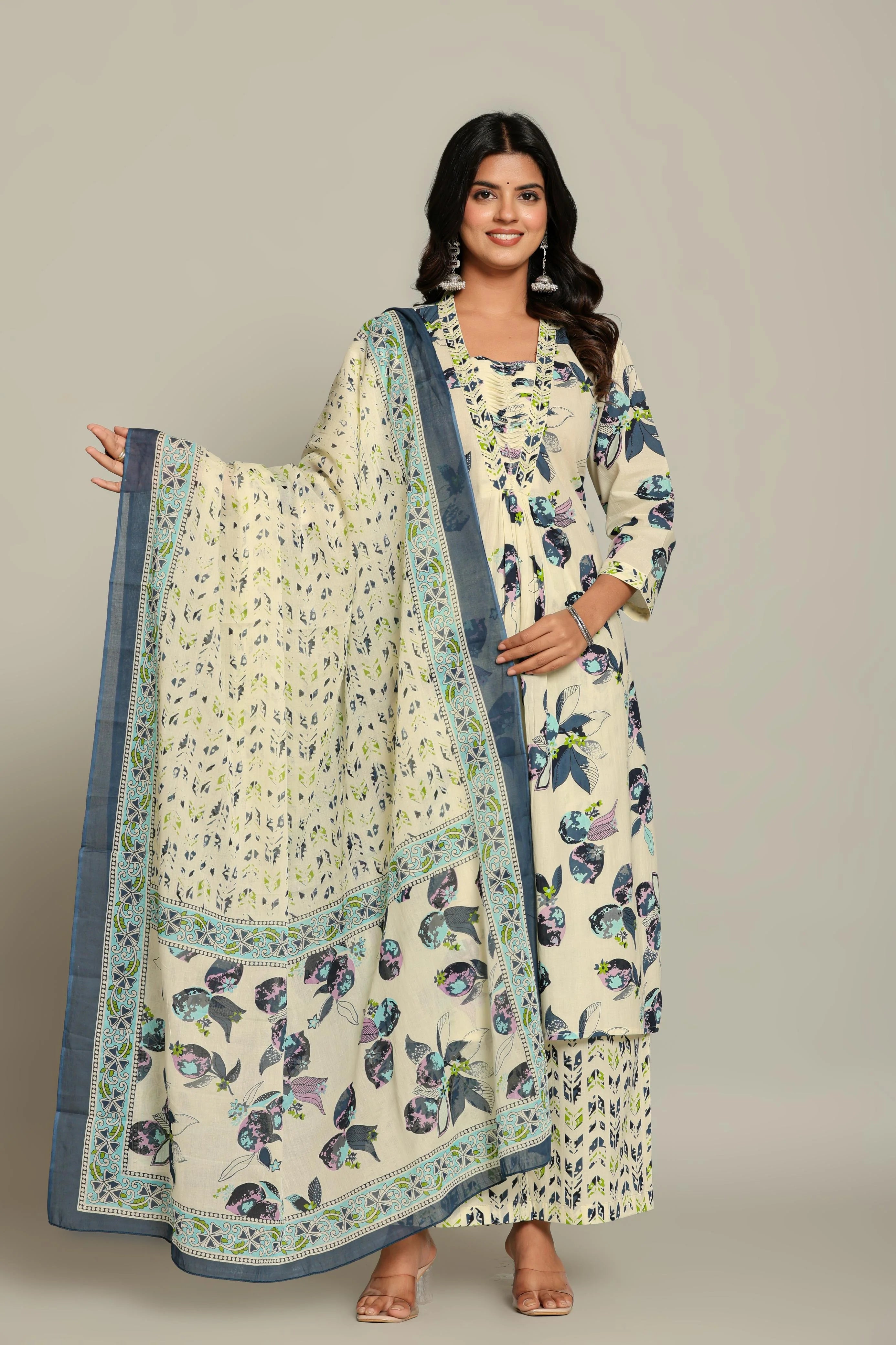 Latest Printed Pure Cotton Straight Kurti Pant Dupatta Set