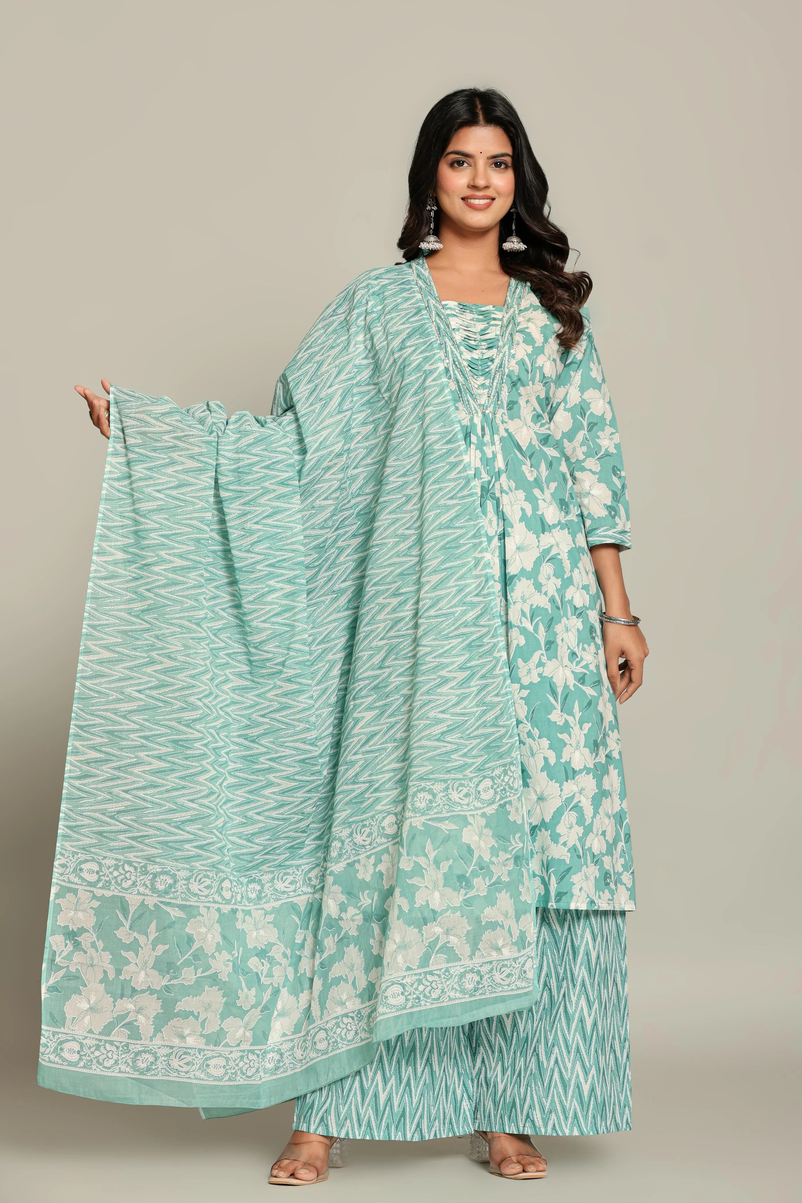 Latest Printed Pure Cotton Straight Kurti Pant Dupatta Set