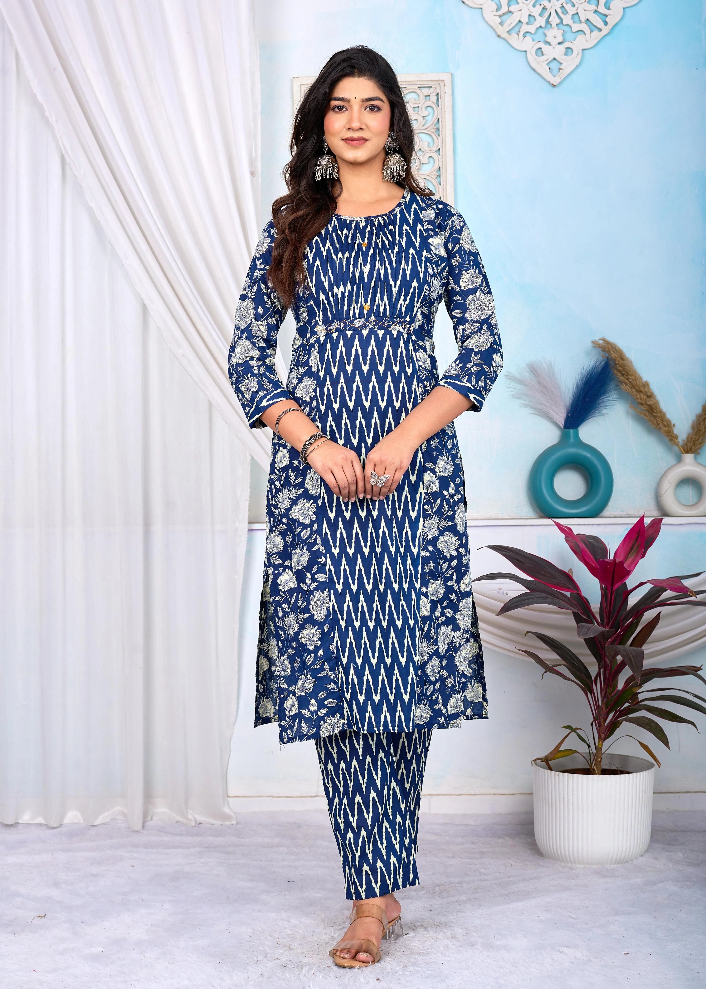 Latest Printed Pure Cotton Straight Kurti Pant Dupatta Set