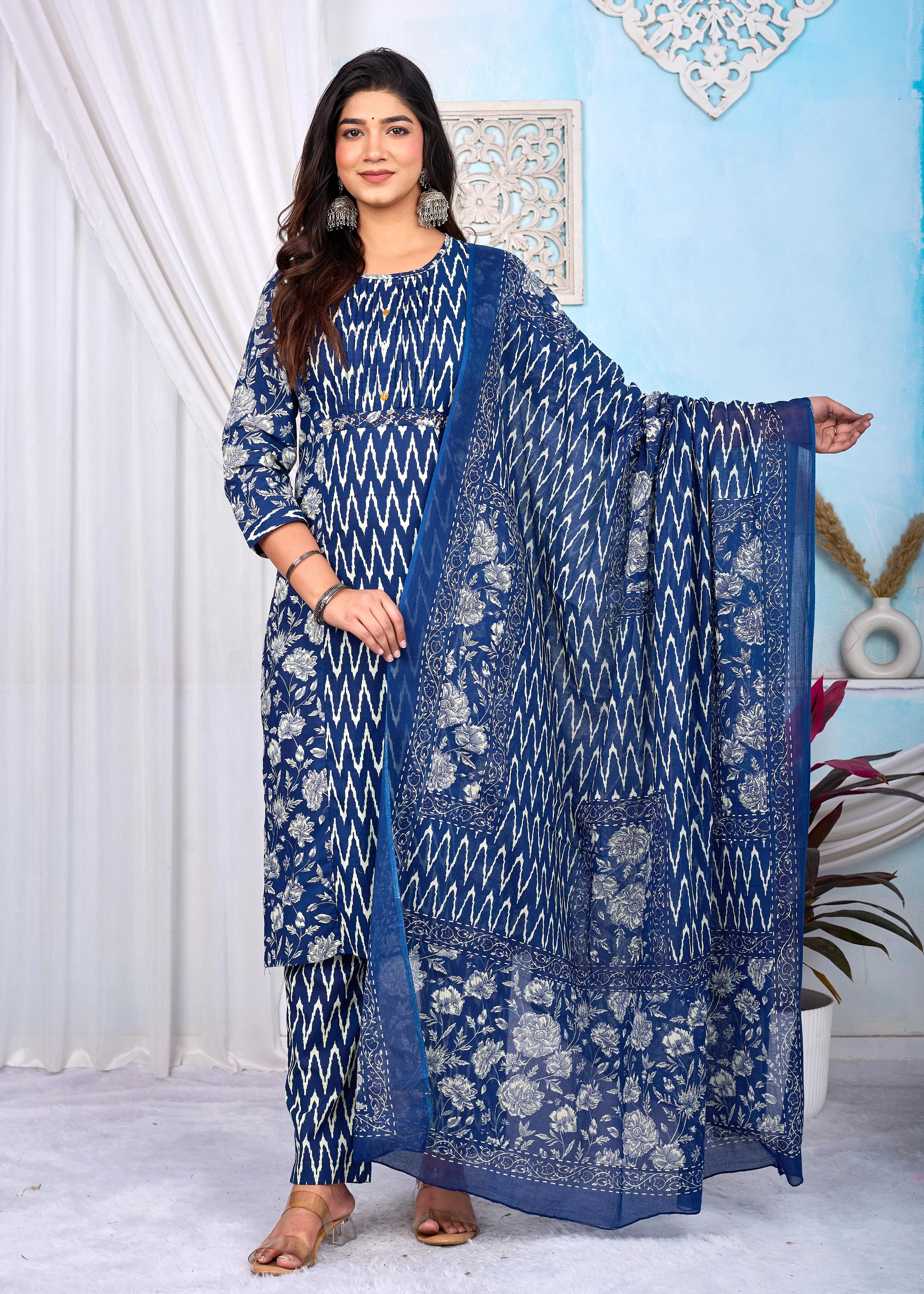 Latest Printed Pure Cotton Straight Kurti Pant Dupatta Set