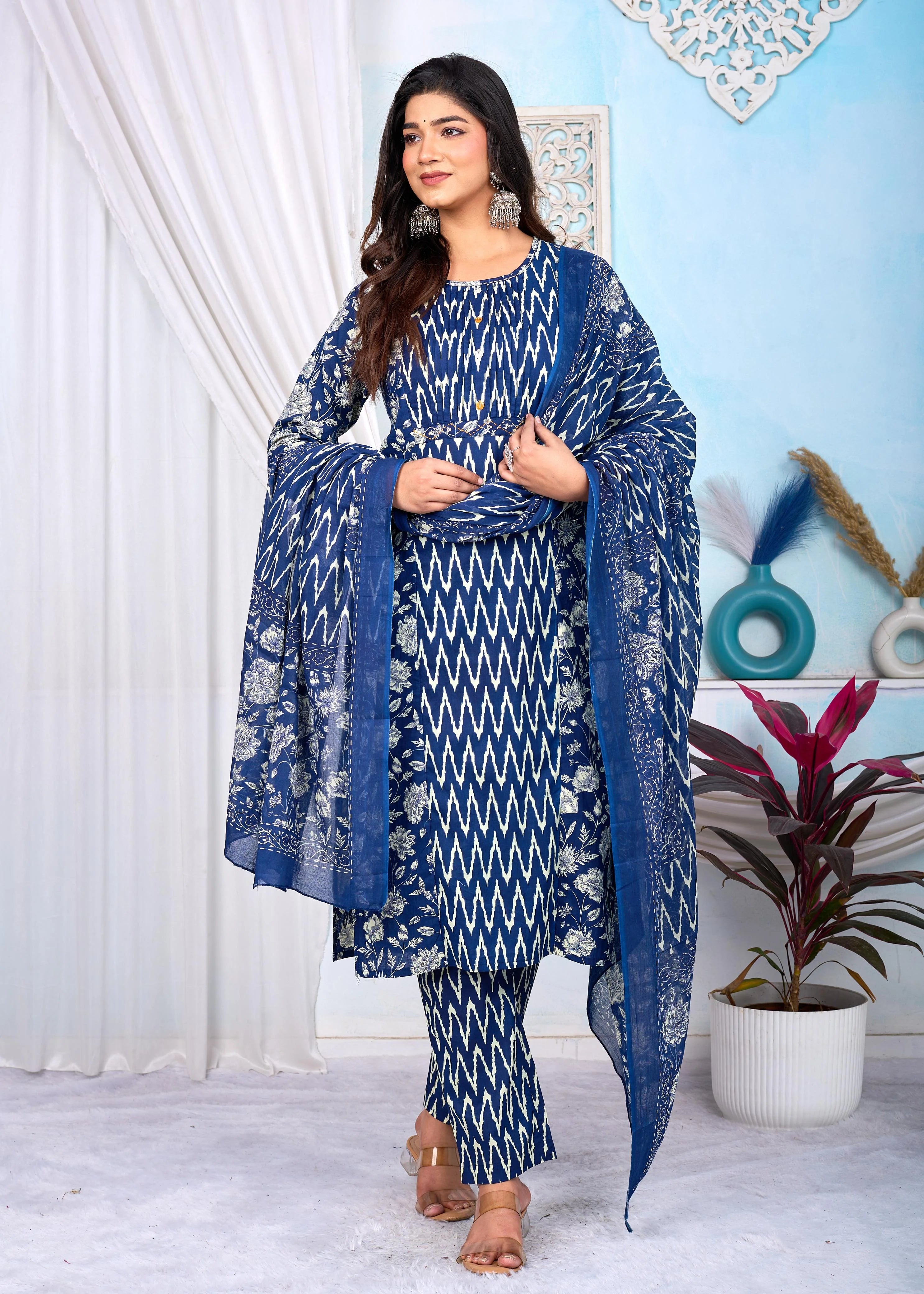 Latest Printed Pure Cotton Straight Kurti Pant Dupatta Set