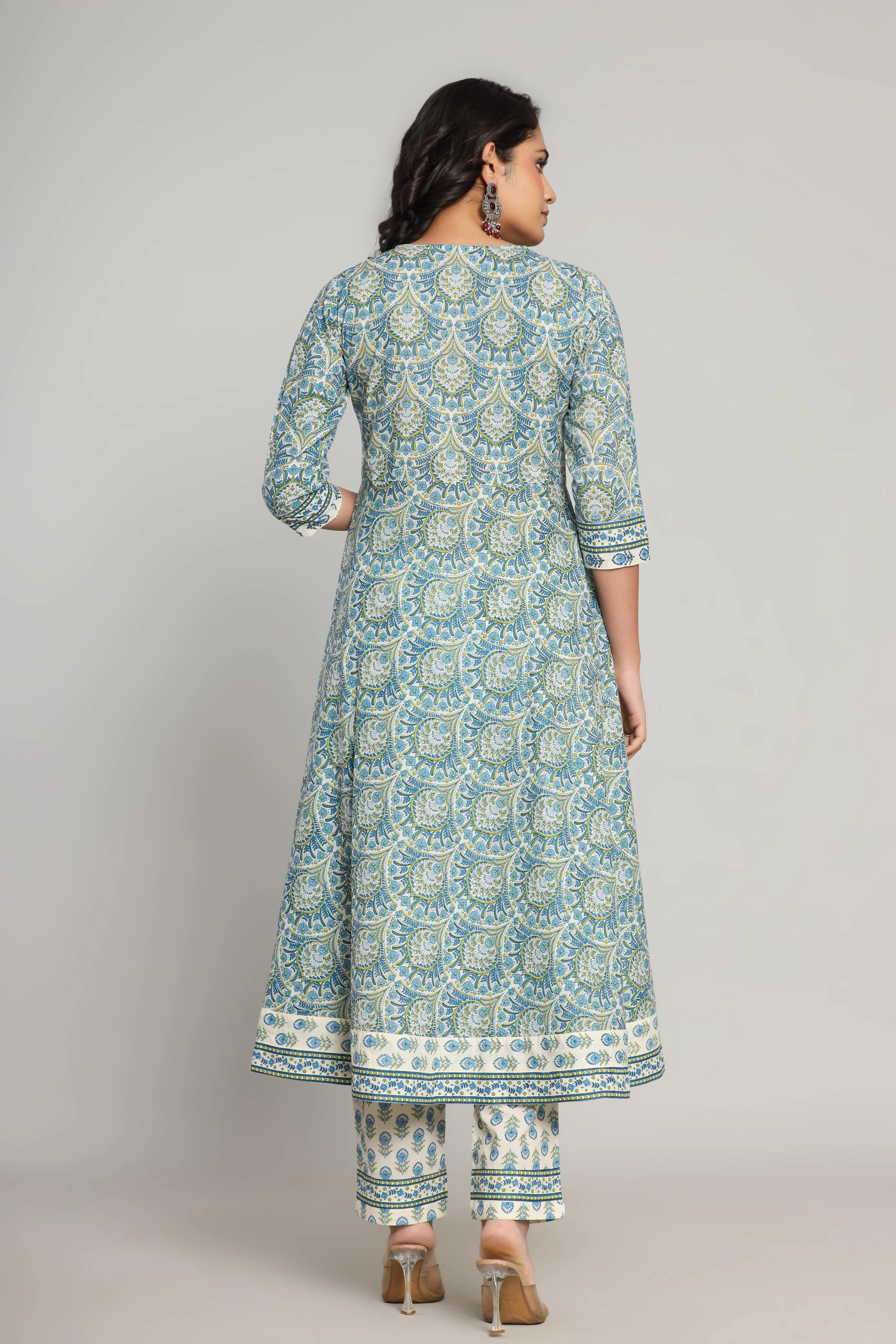 Latest Printed Pure Cotton Umbrella Cut Kurti Pant Dupatta Set