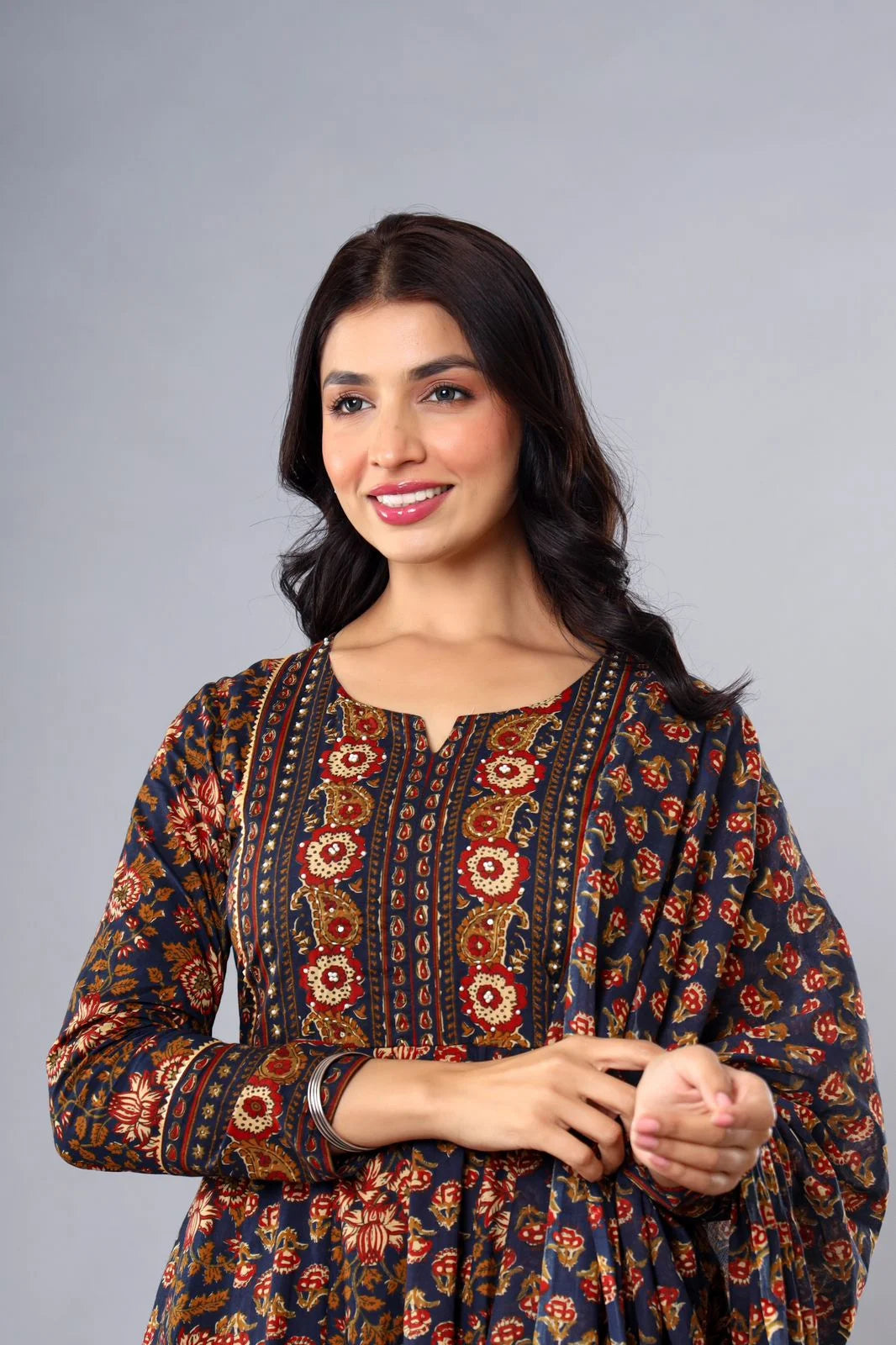 Latest Printed Pure Cotton Blue Amarkali Cut Kurti Pant Dupatta Set