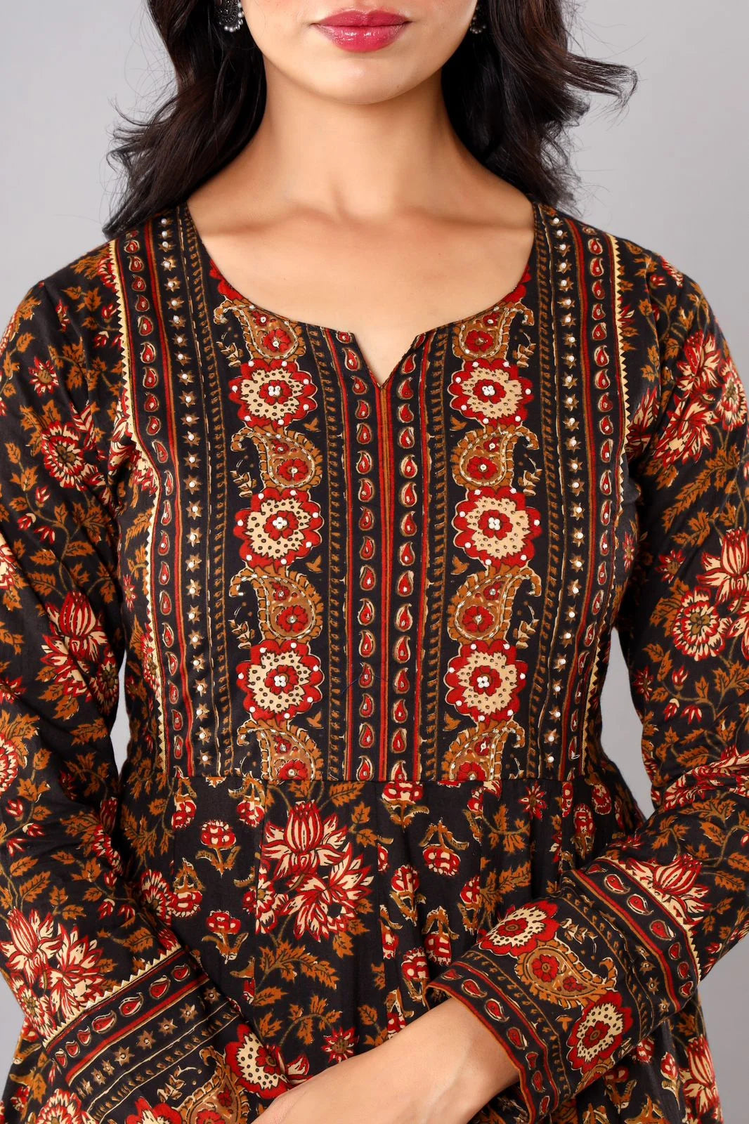 Latest Printed Pure Cotton Black Amarkali Cut Kurti Pant Dupatta Set