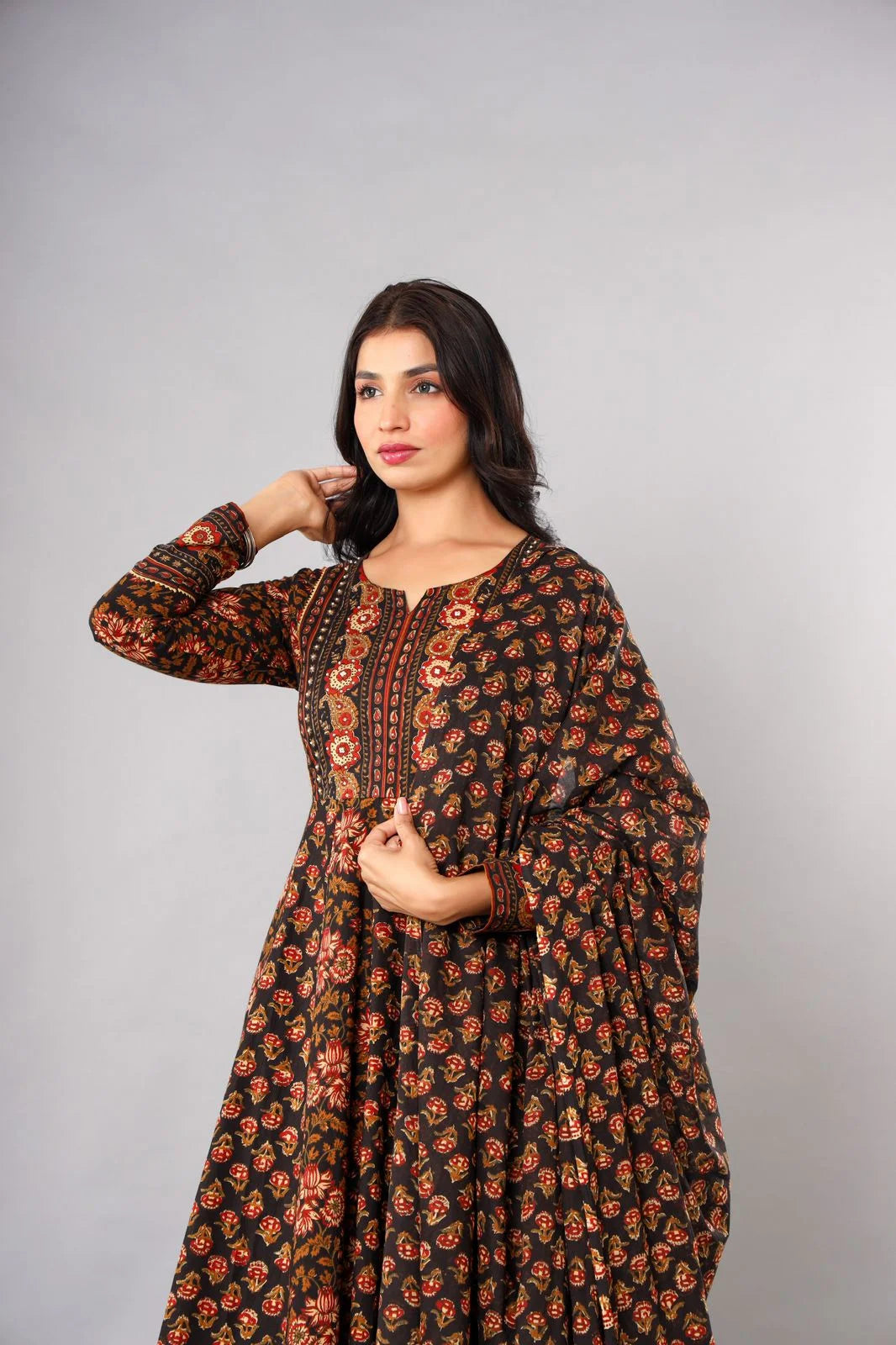Latest Printed Pure Cotton Black Amarkali Cut Kurti Pant Dupatta Set