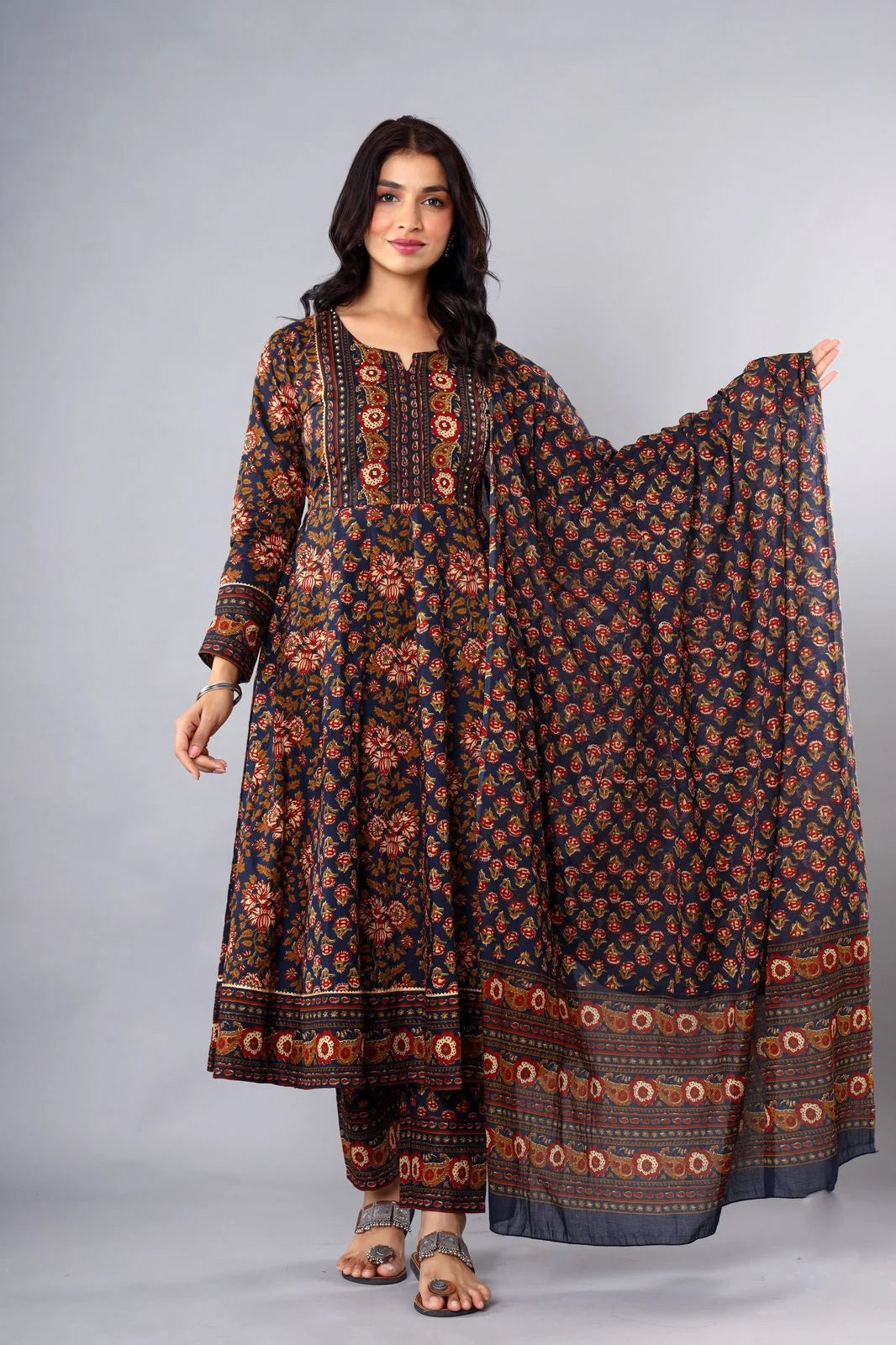 Latest Printed Pure Cotton Blue Amarkali Cut Kurti Pant Dupatta Set