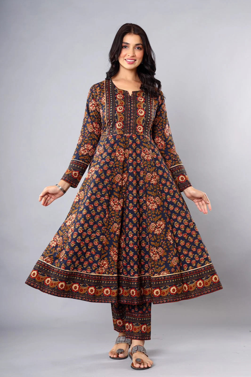 Latest Printed Pure Cotton Blue Amarkali Cut Kurti Pant Dupatta Set