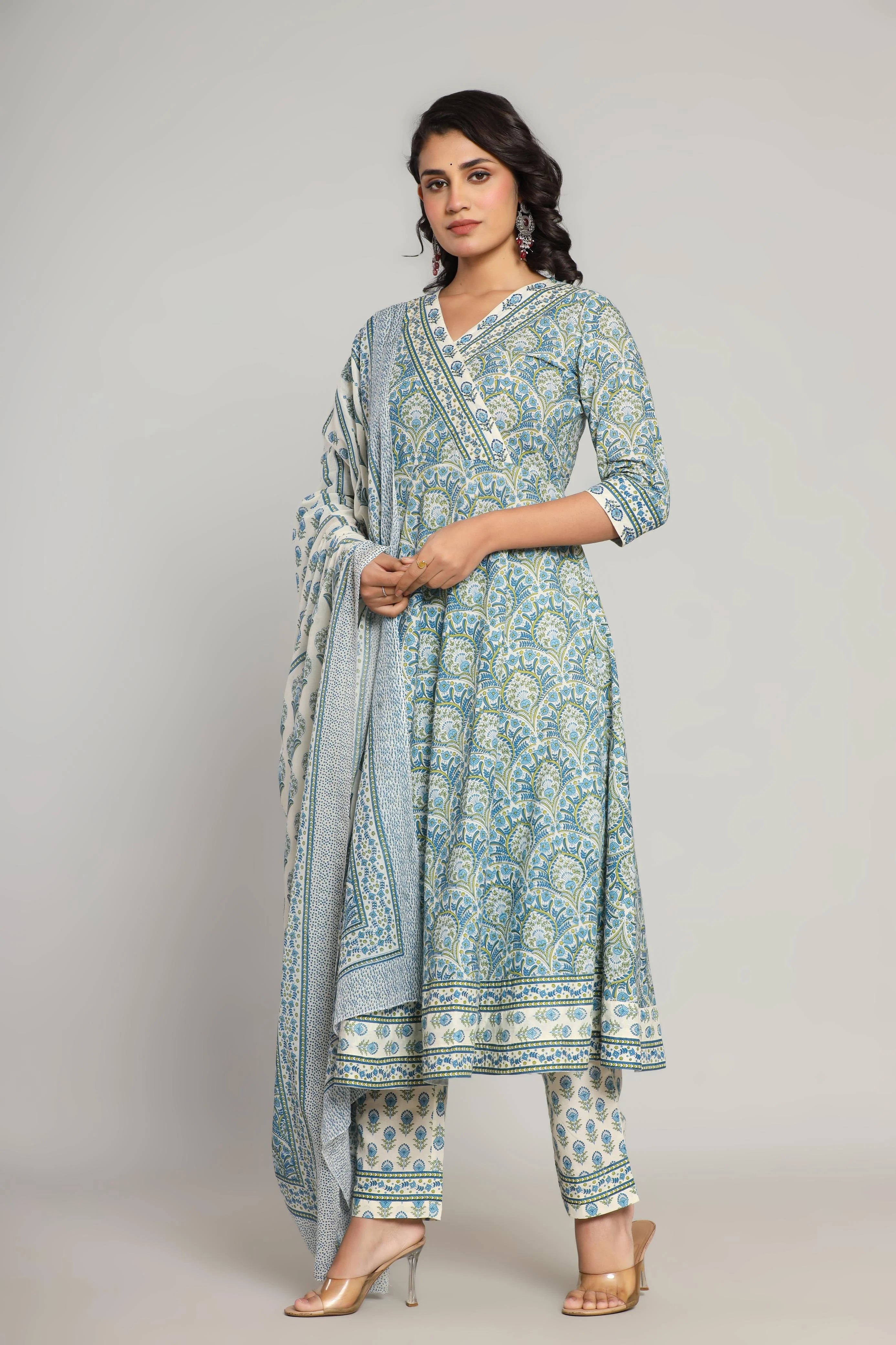 Latest Printed Pure Cotton Umbrella Cut Kurti Pant Dupatta Set