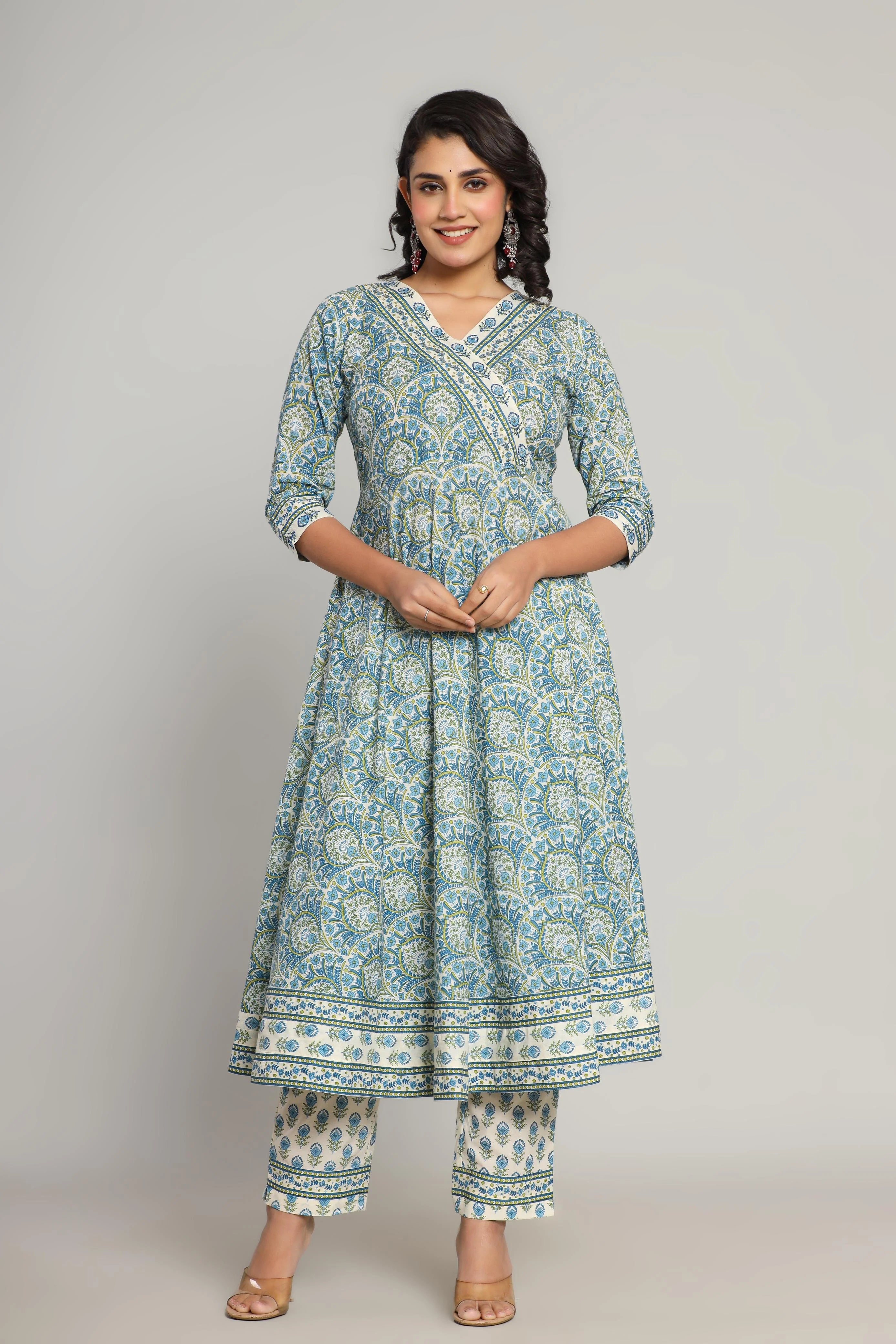 Latest Printed Pure Cotton Umbrella Cut Kurti Pant Dupatta Set