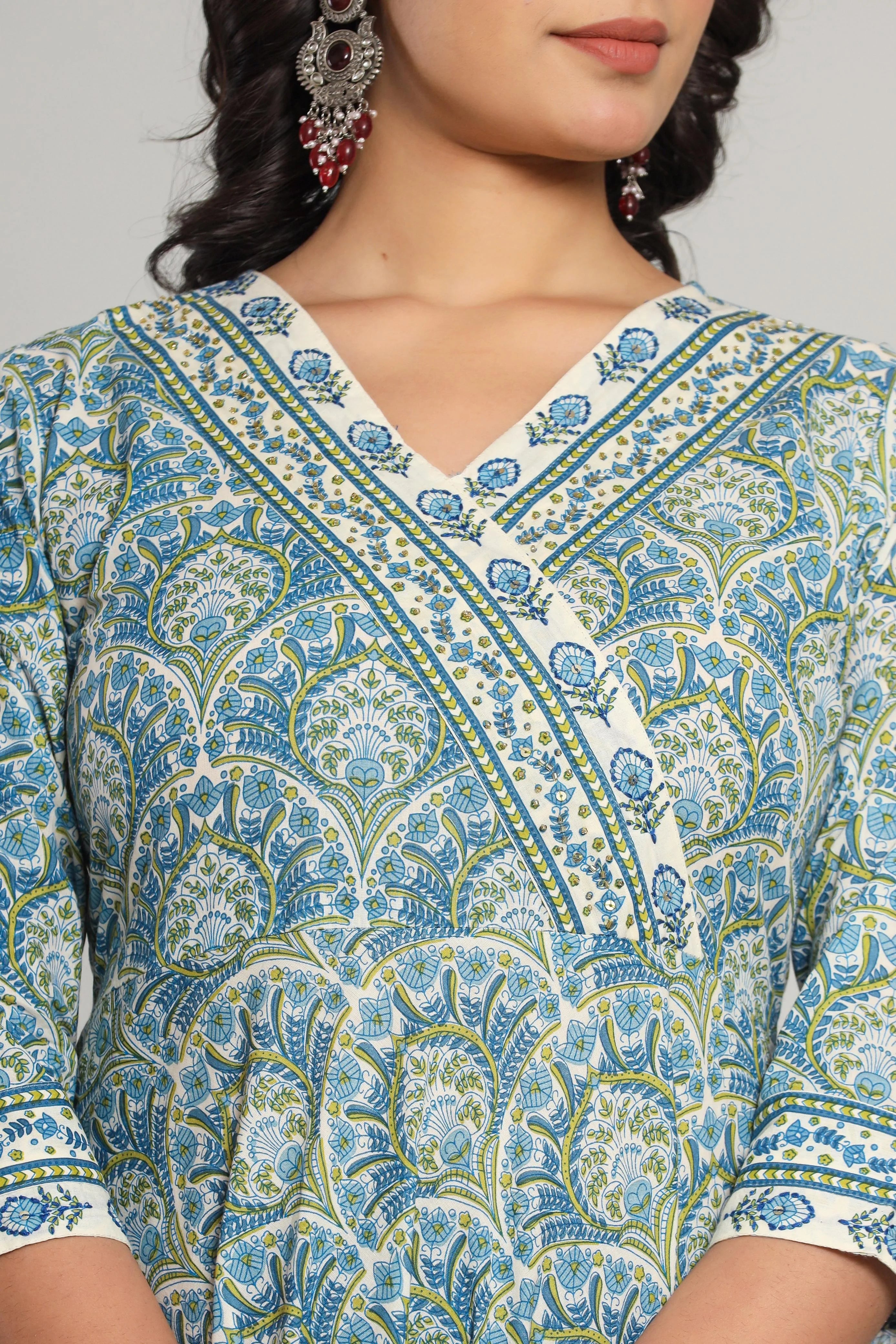 Latest Printed Pure Cotton Umbrella Cut Kurti Pant Dupatta Set