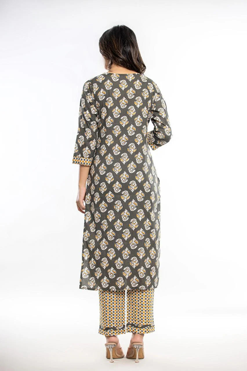 Latest Printed Pure Cotton Straight Kurti Pant Dupatta Set