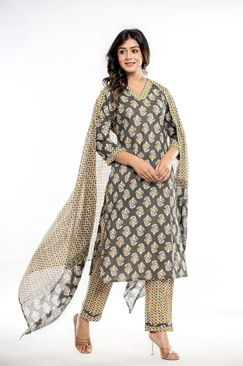 Latest Printed Pure Cotton Straight Kurti Pant Dupatta Set