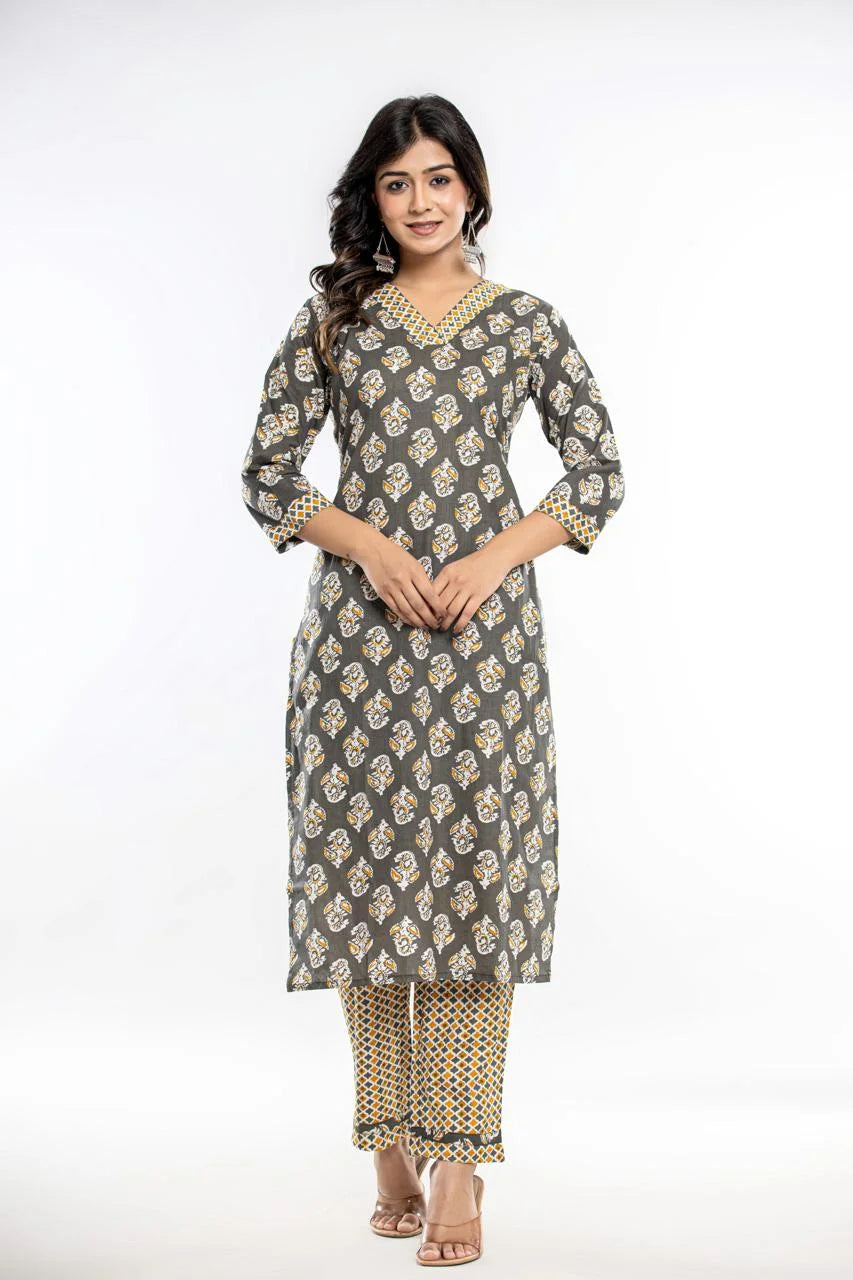 Latest Printed Pure Cotton Straight Kurti Pant Dupatta Set