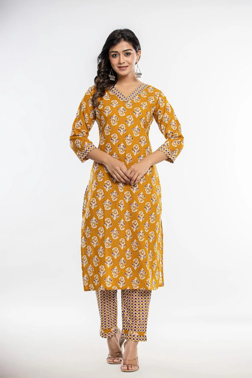 Latest Printed Pure Cotton Straight Kurti Pant Dupatta Set