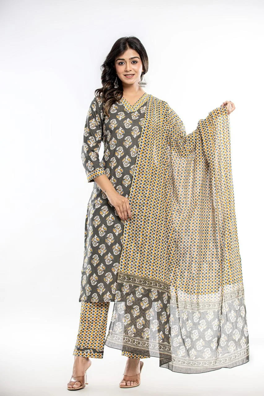 Latest Printed Pure Cotton Straight Kurti Pant Dupatta Set