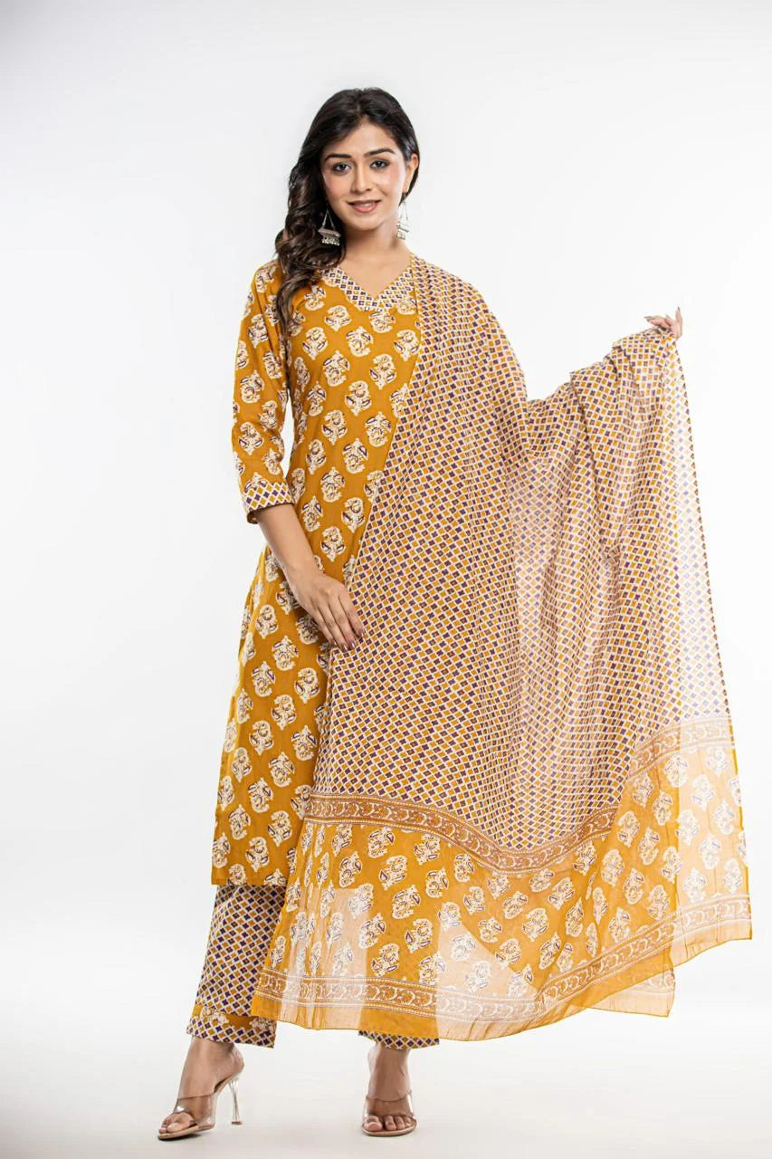 Latest Printed Pure Cotton Straight Kurti Pant Dupatta Set