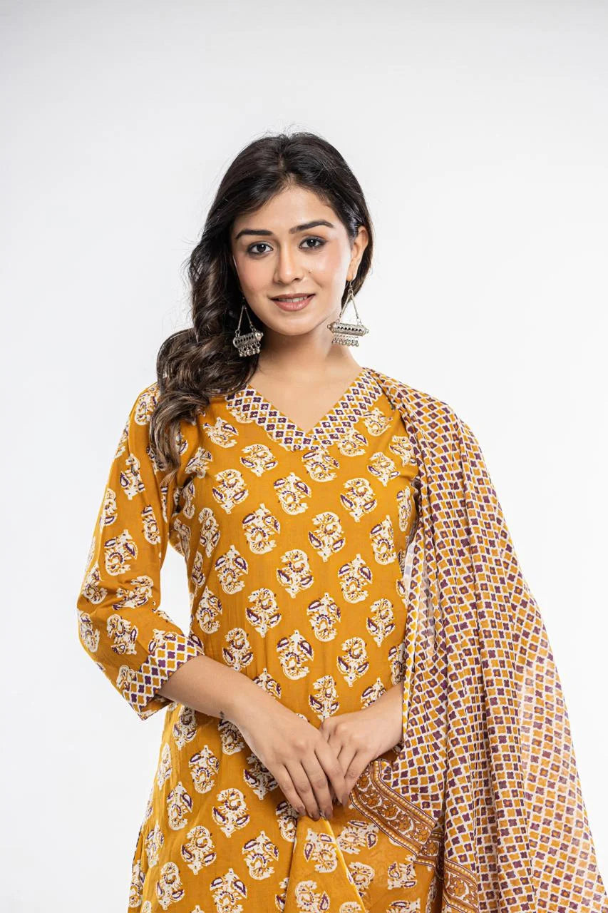 Latest Printed Pure Cotton Straight Kurti Pant Dupatta Set