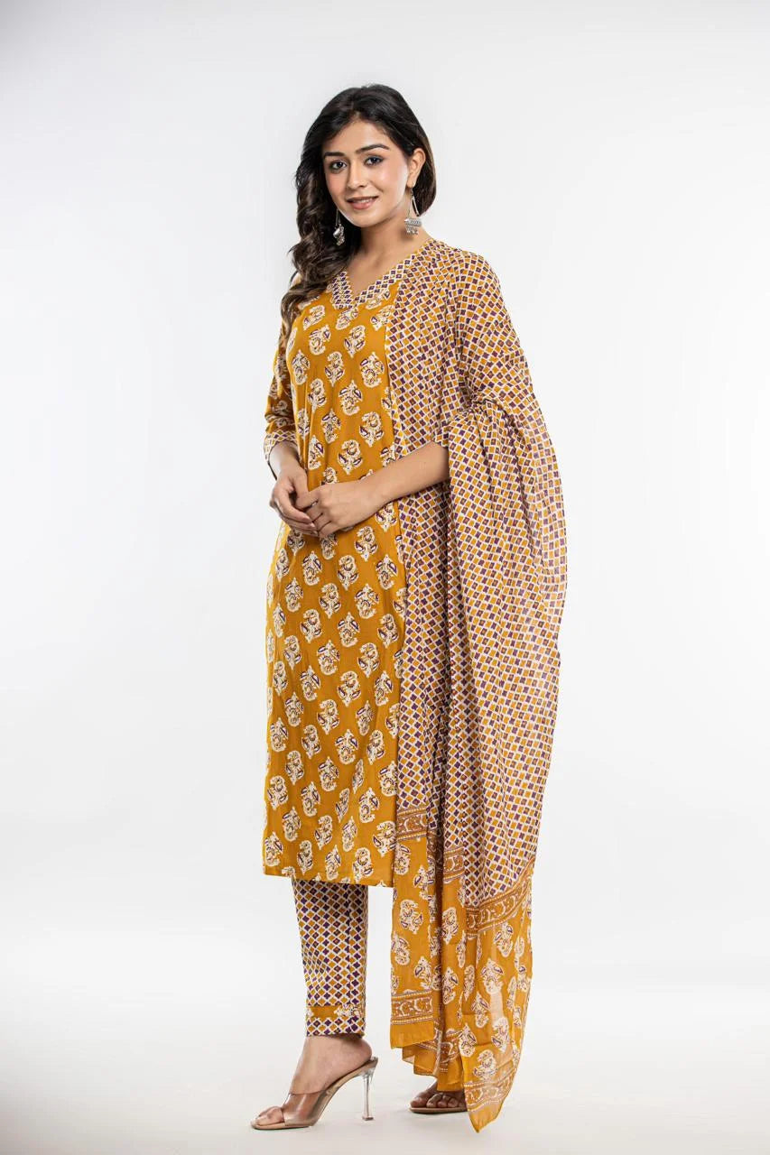 Latest Printed Pure Cotton Straight Kurti Pant Dupatta Set