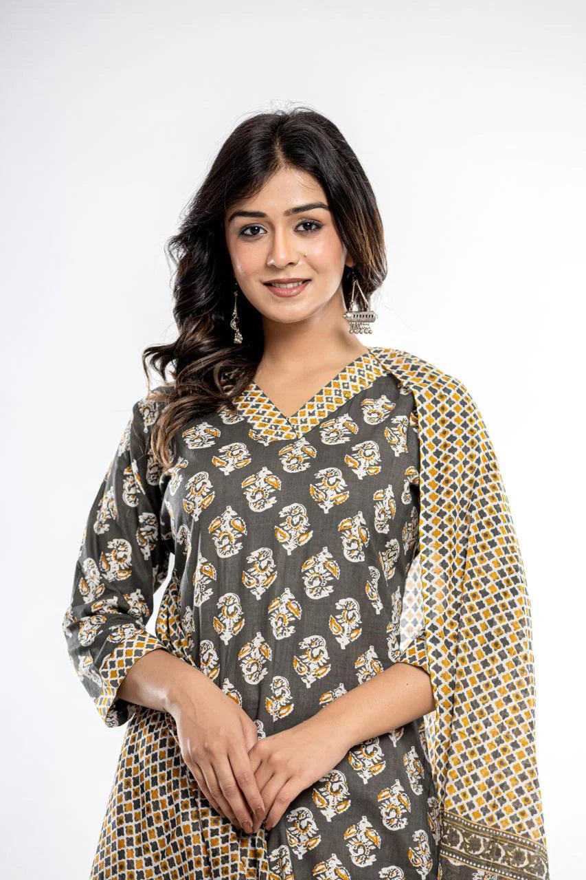 Latest Printed Pure Cotton Straight Kurti Pant Dupatta Set