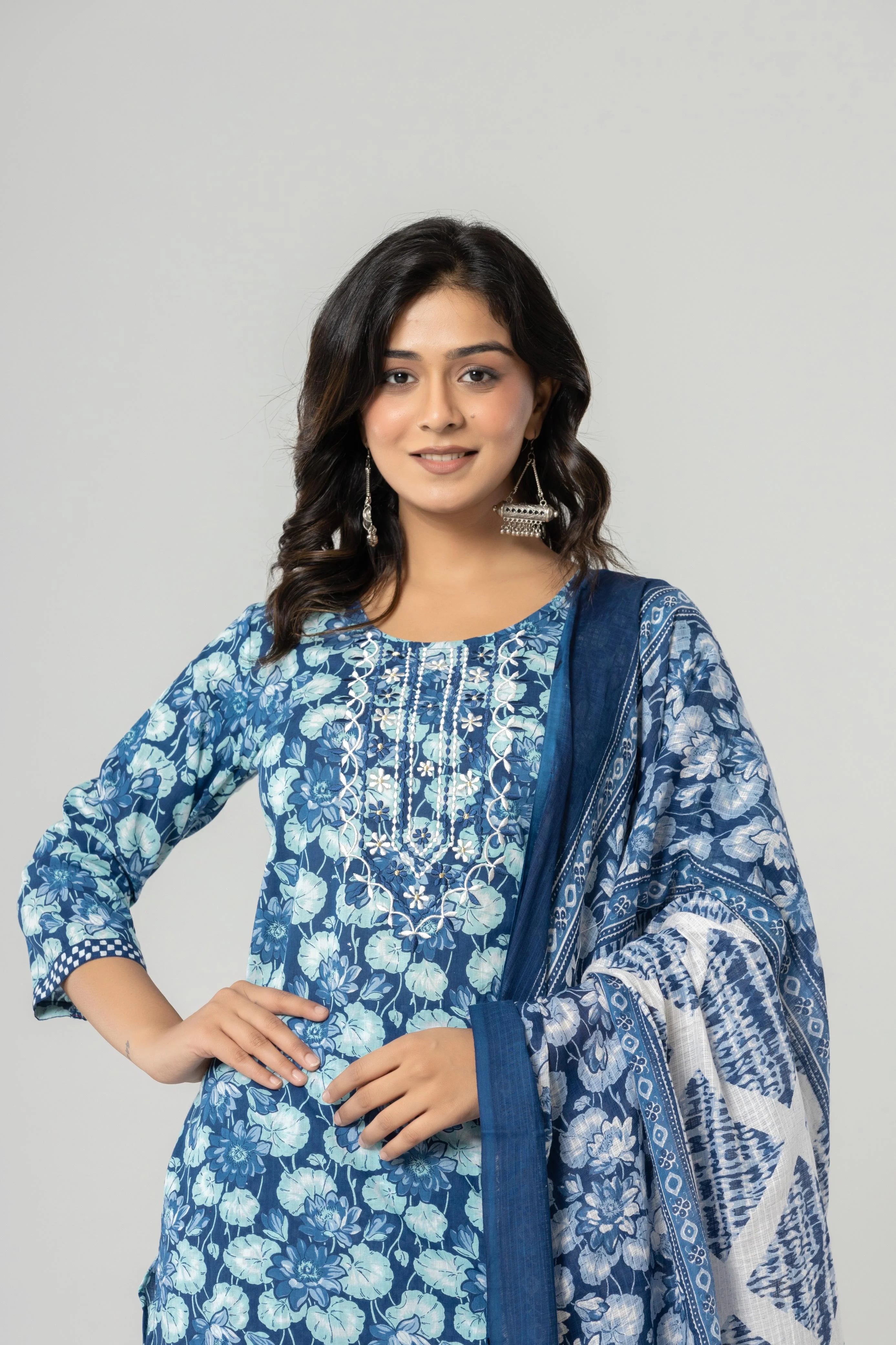 Latest Printed Pure Cotton Straight Kurti Pant Dupatta Set