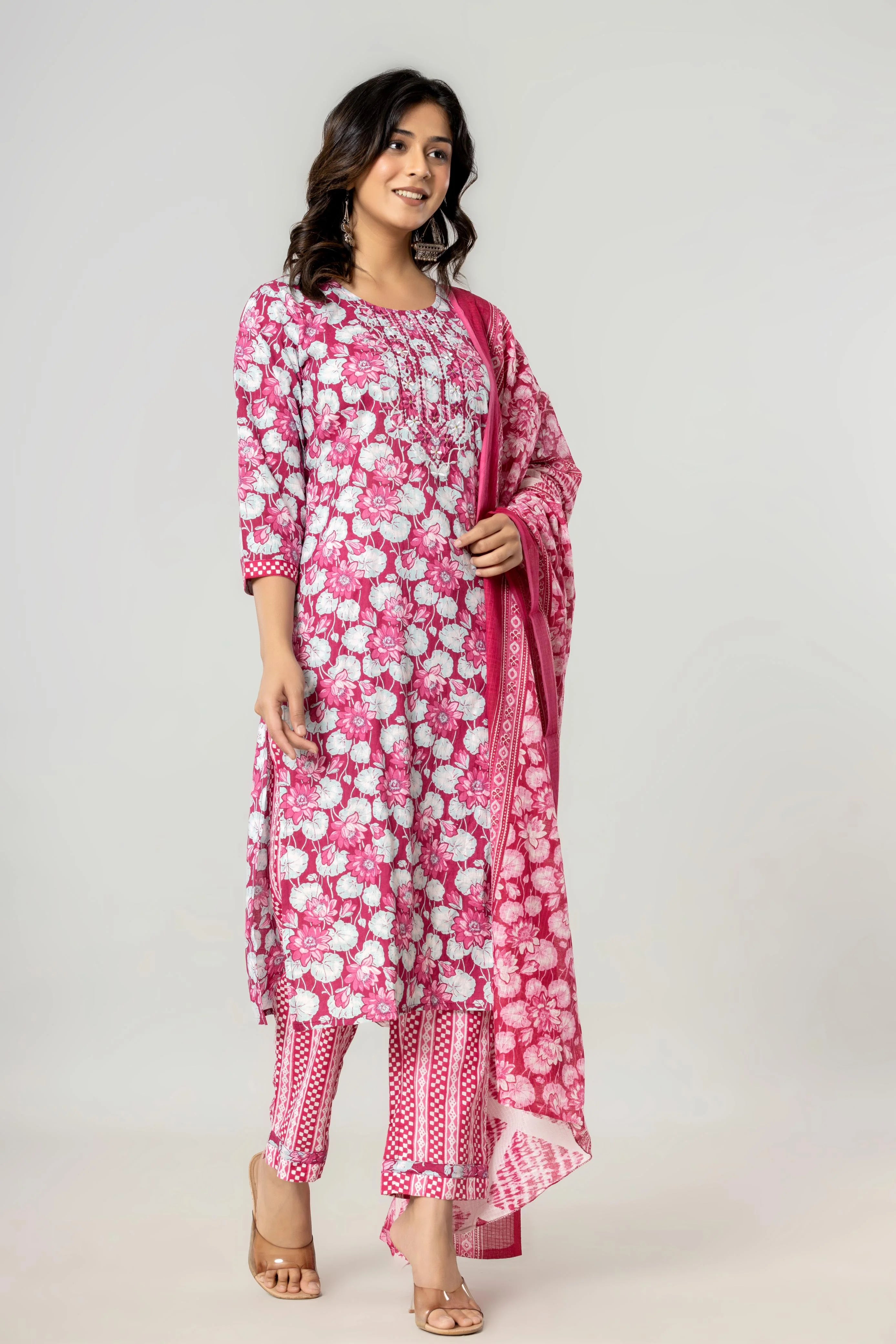 Latest Printed Pure Cotton Straight Kurti Pant Dupatta Set