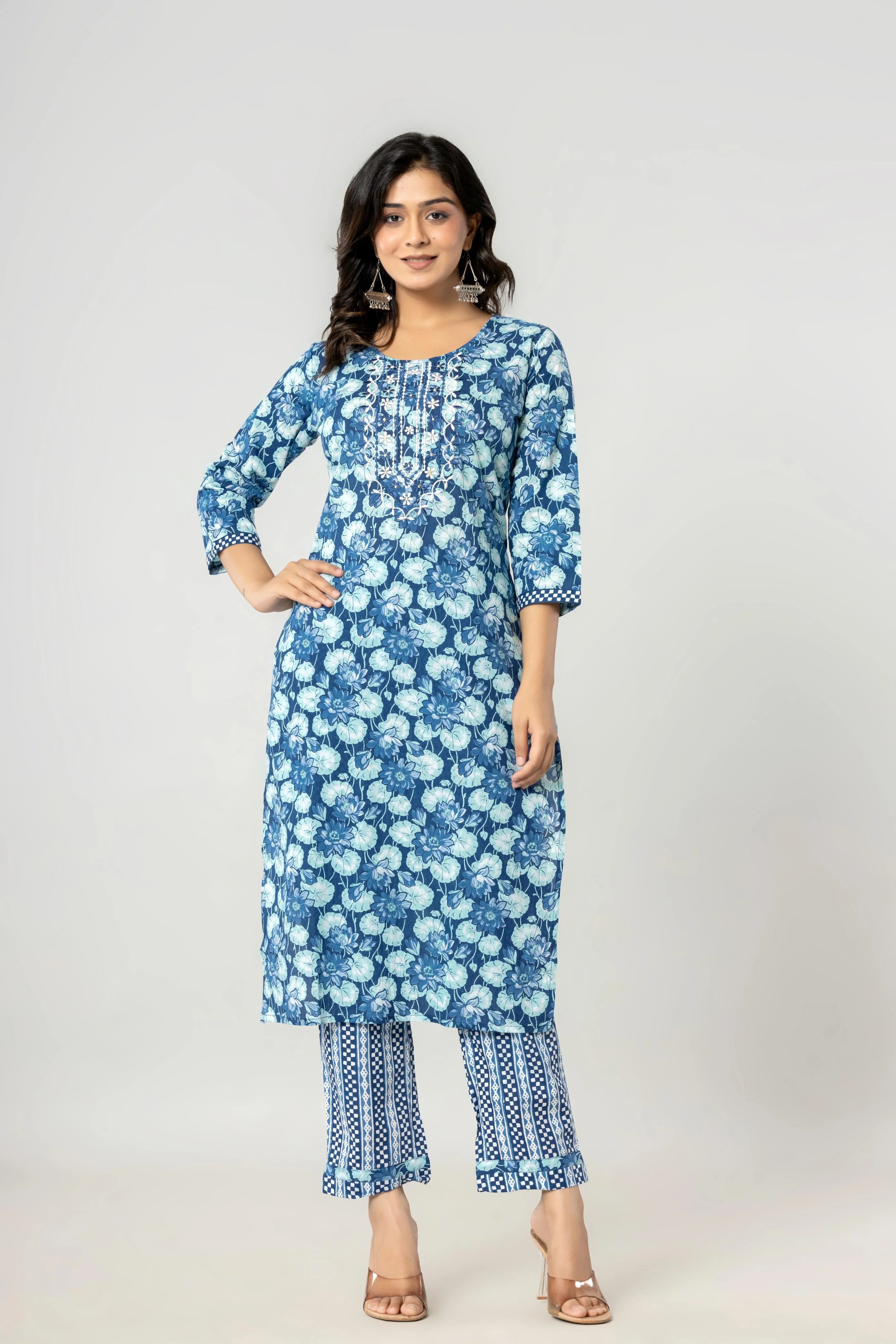 Latest Printed Pure Cotton Straight Kurti Pant Dupatta Set