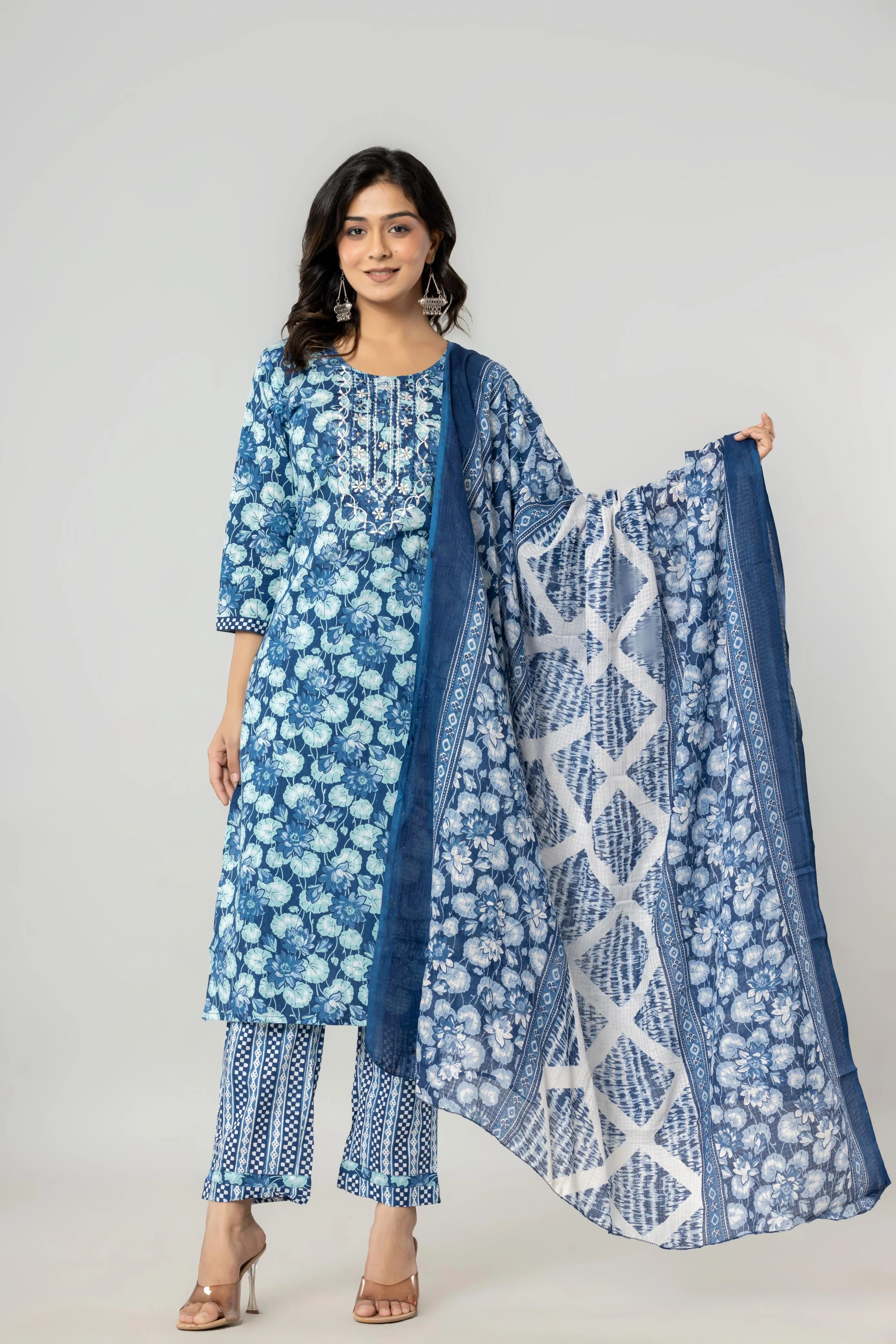 Latest Printed Pure Cotton Straight Kurti Pant Dupatta Set