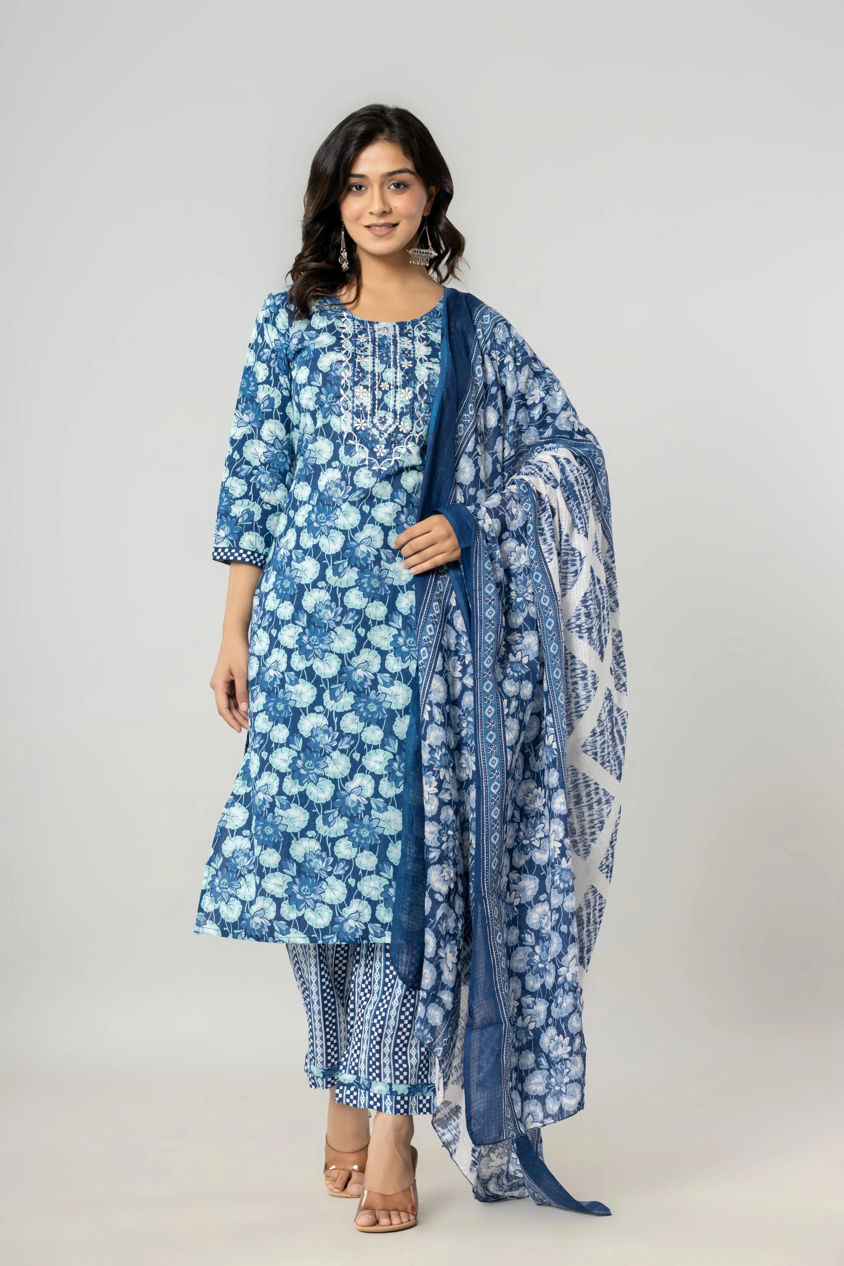Latest Printed Pure Cotton Straight Kurti Pant Dupatta Set